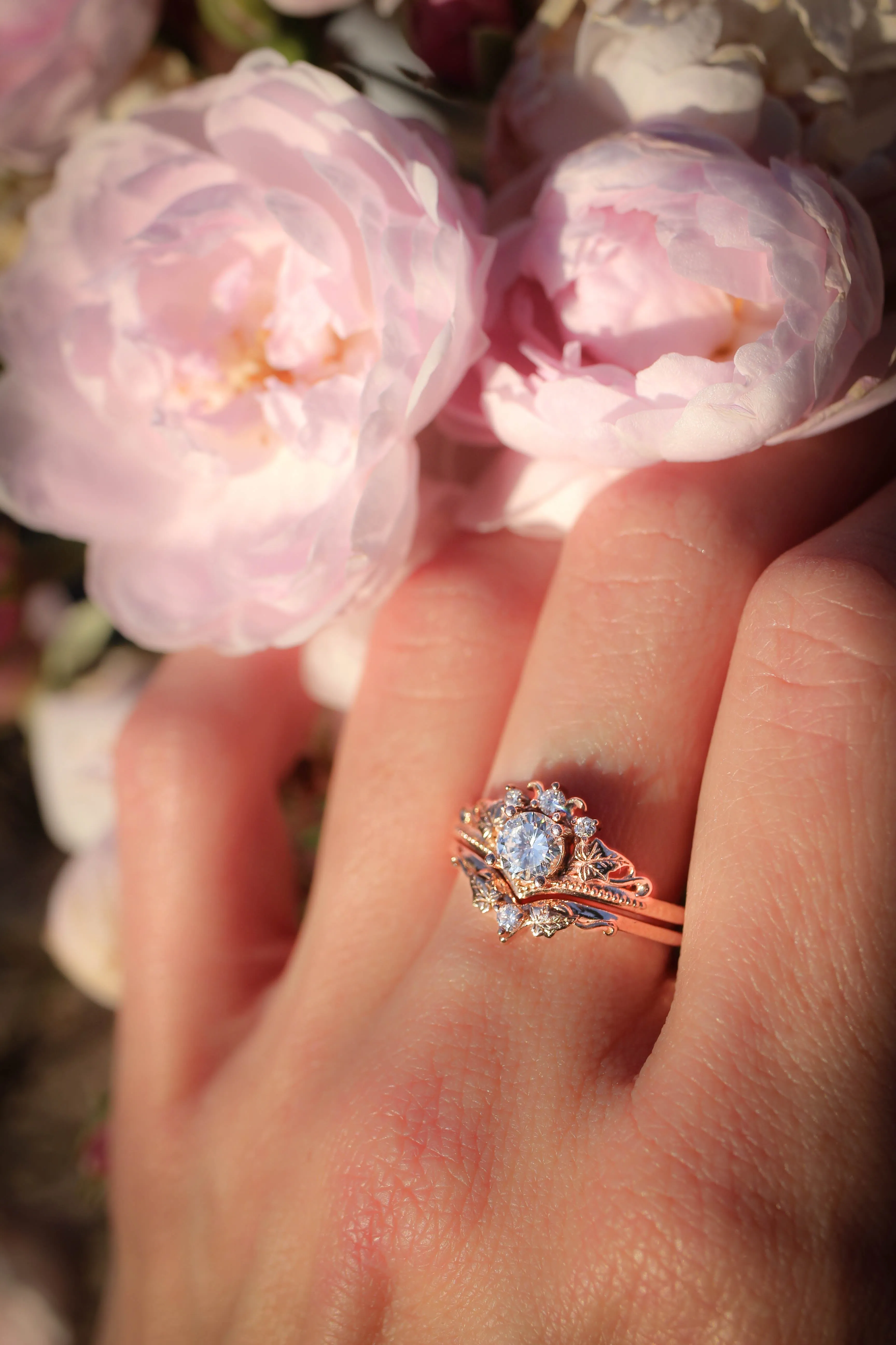 0.5 carat lab grown diamond engagement ring set, gold ivy leaves bridal rings / Ariadne