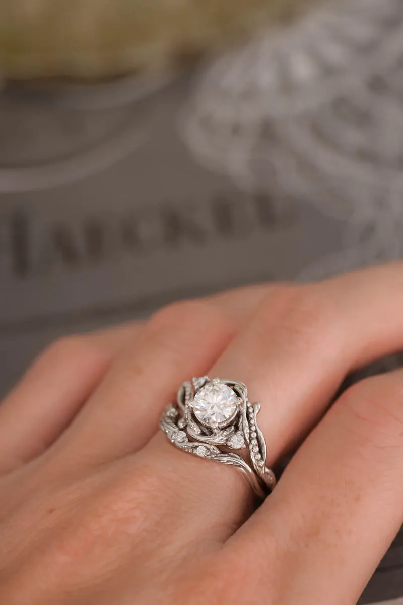 1 carat lab grown diamond engagement ring, white gold nature inspired proposal ring / Undina