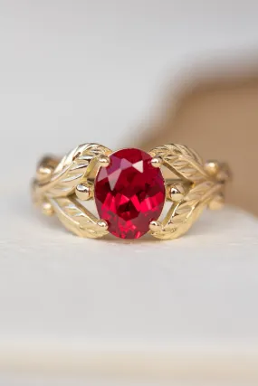 1.5 carat lab ruby engagement ring, gold leaves ring with oval shape gemstone / Cornus