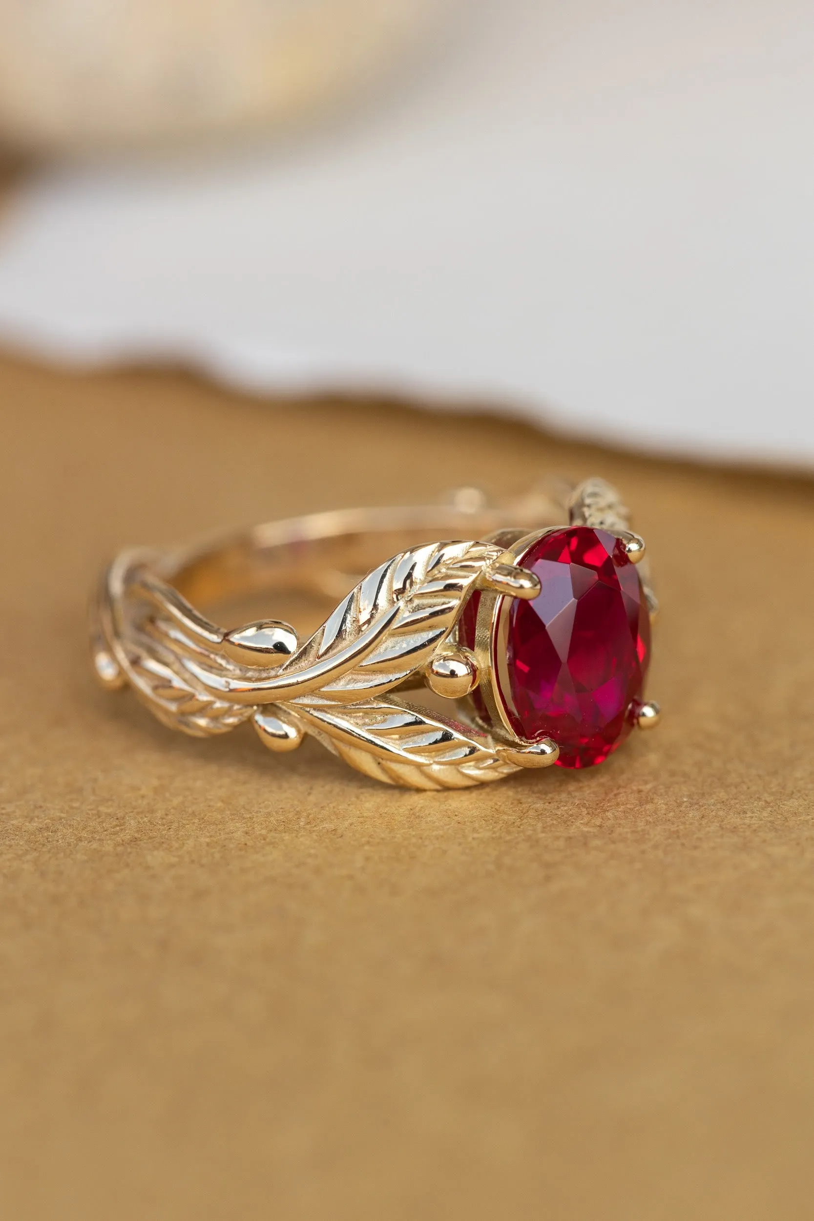 1.5 carat lab ruby engagement ring, gold leaves ring with oval shape gemstone / Cornus