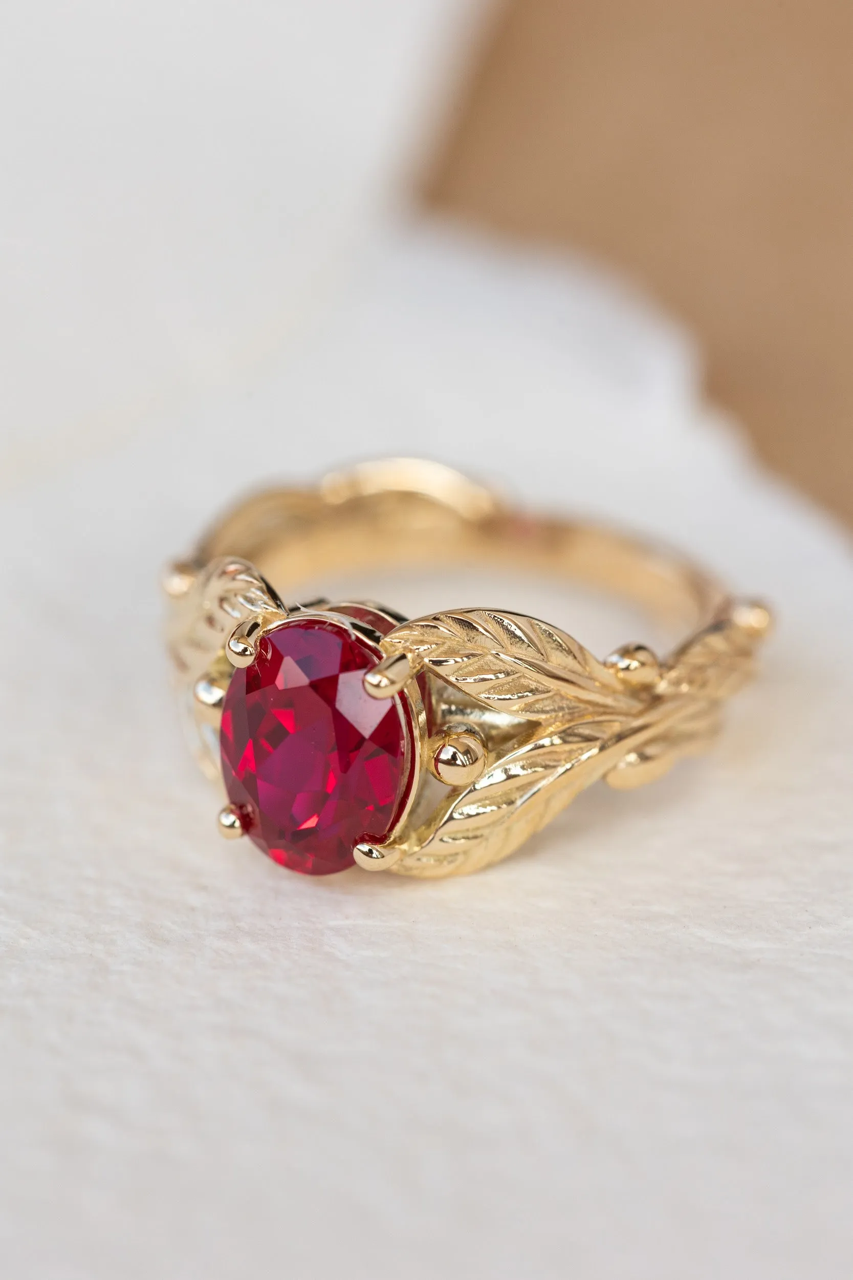 1.5 carat lab ruby engagement ring, gold leaves ring with oval shape gemstone / Cornus