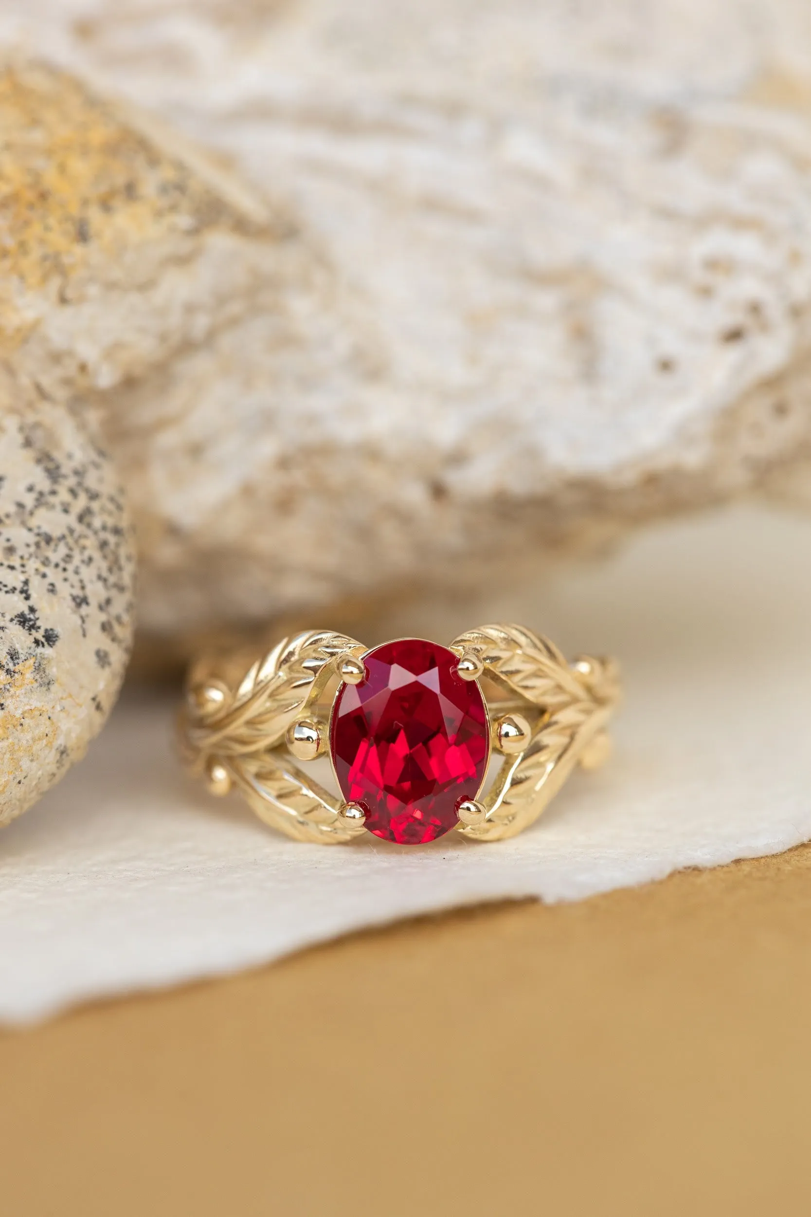 1.5 carat lab ruby engagement ring, gold leaves ring with oval shape gemstone / Cornus