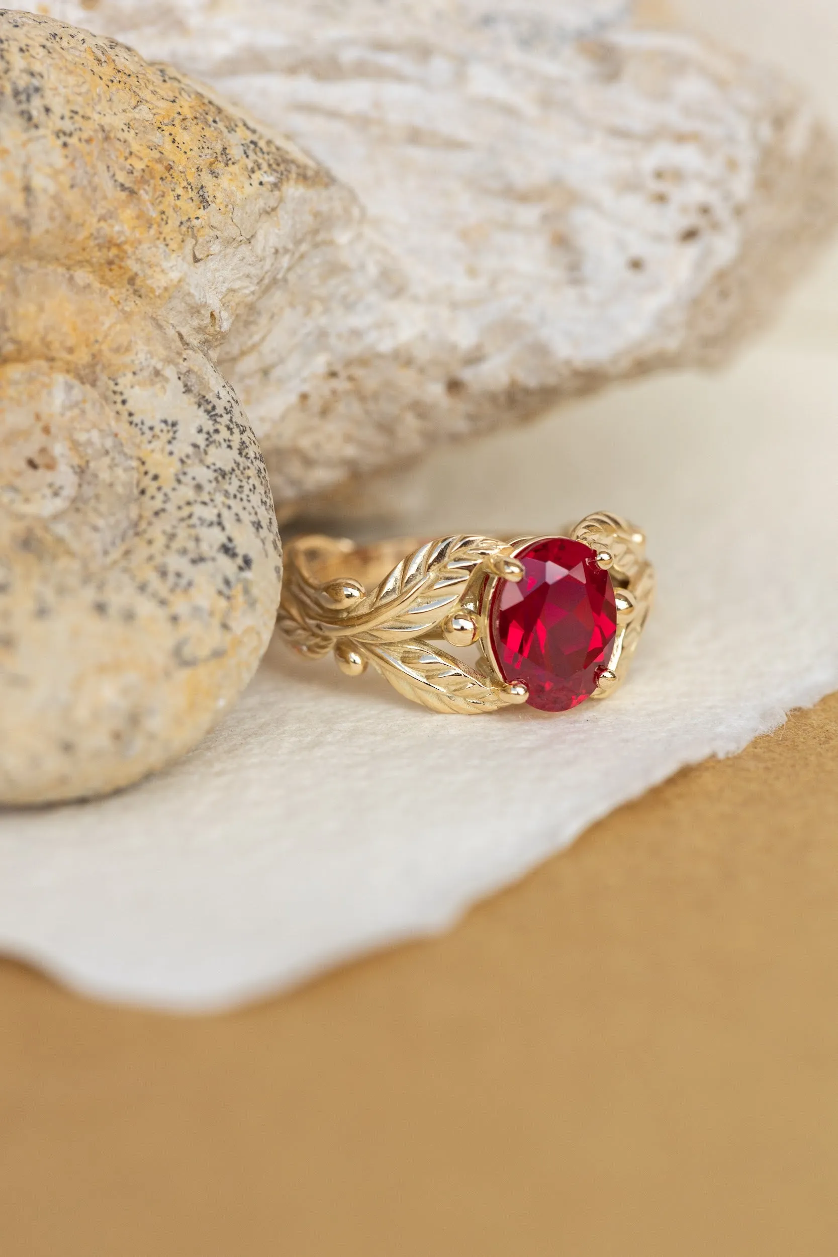 1.5 carat lab ruby engagement ring, gold leaves ring with oval shape gemstone / Cornus