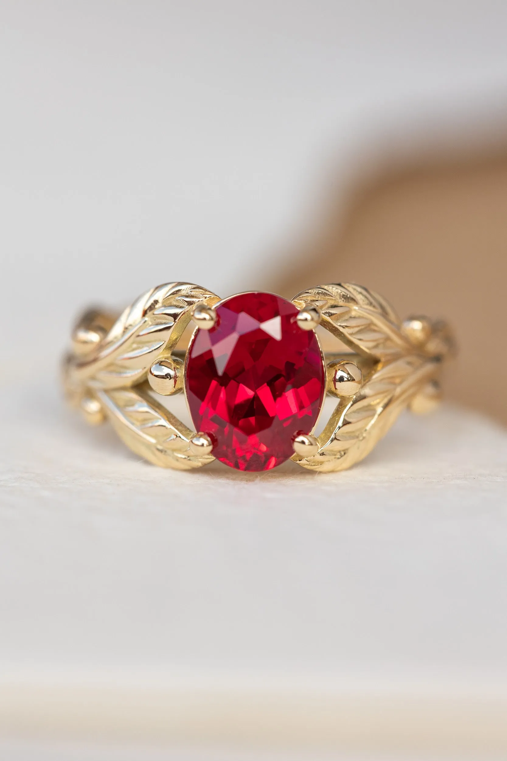 1.5 carat lab ruby engagement ring, gold leaves ring with oval shape gemstone / Cornus