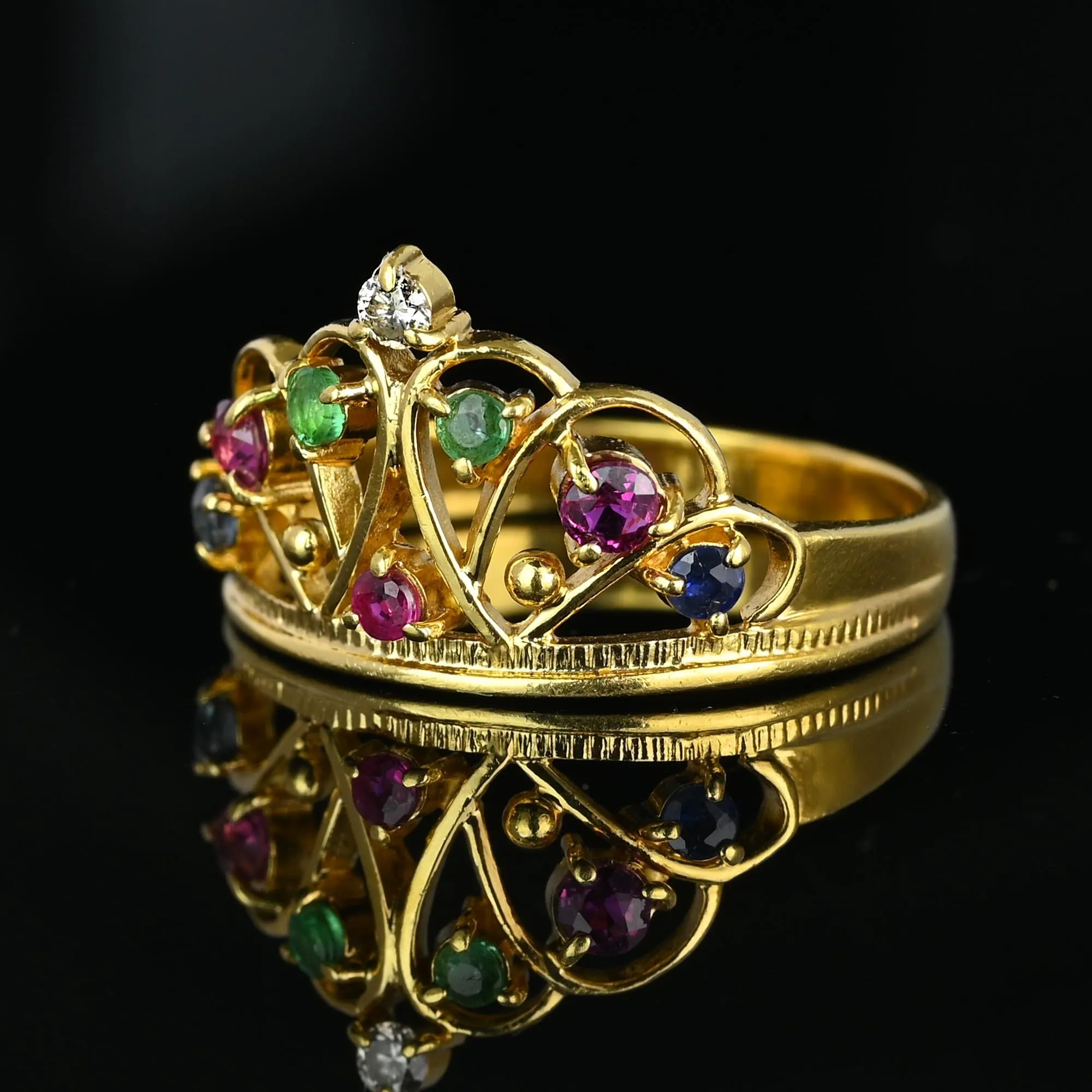 18K Gold Double Heart Ruby Diamond Sapphire Emerald Crown Ring