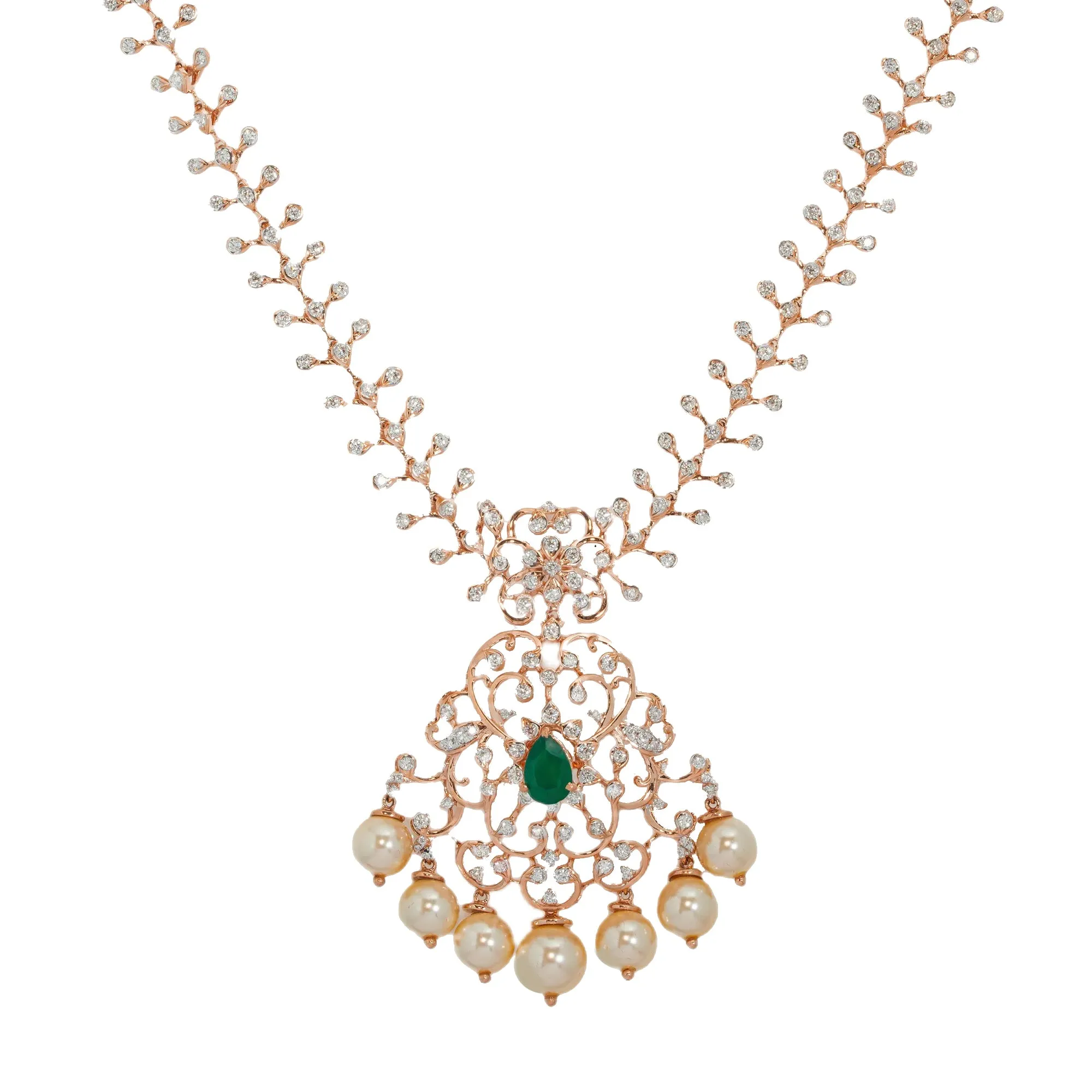 18K Rose Gold Necklace Set w/ 3.40ct Diamonds & Emeralds (55.8gm)