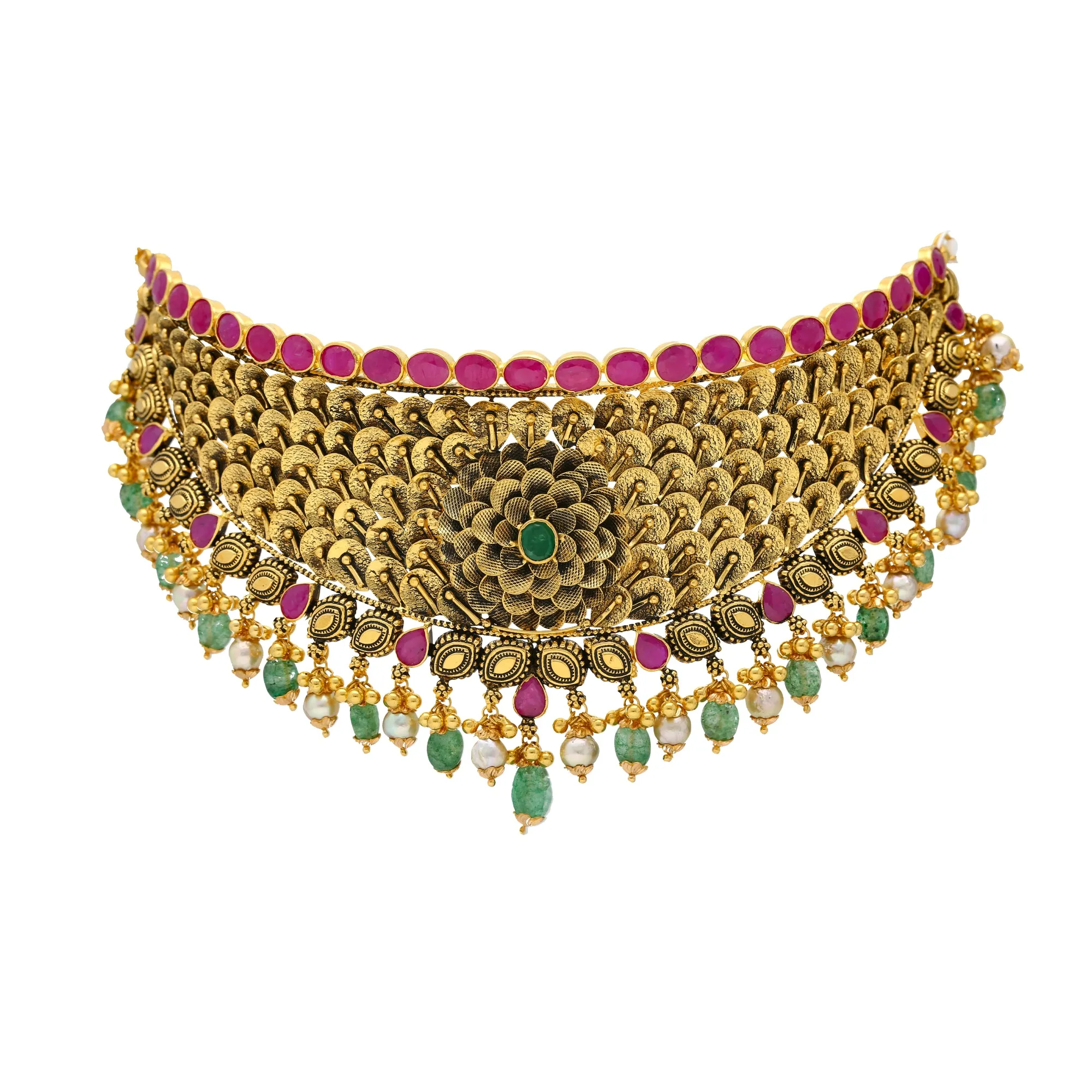 22K Antique Gold Choker Set with Gemstones & Pearls (92.2 grams)