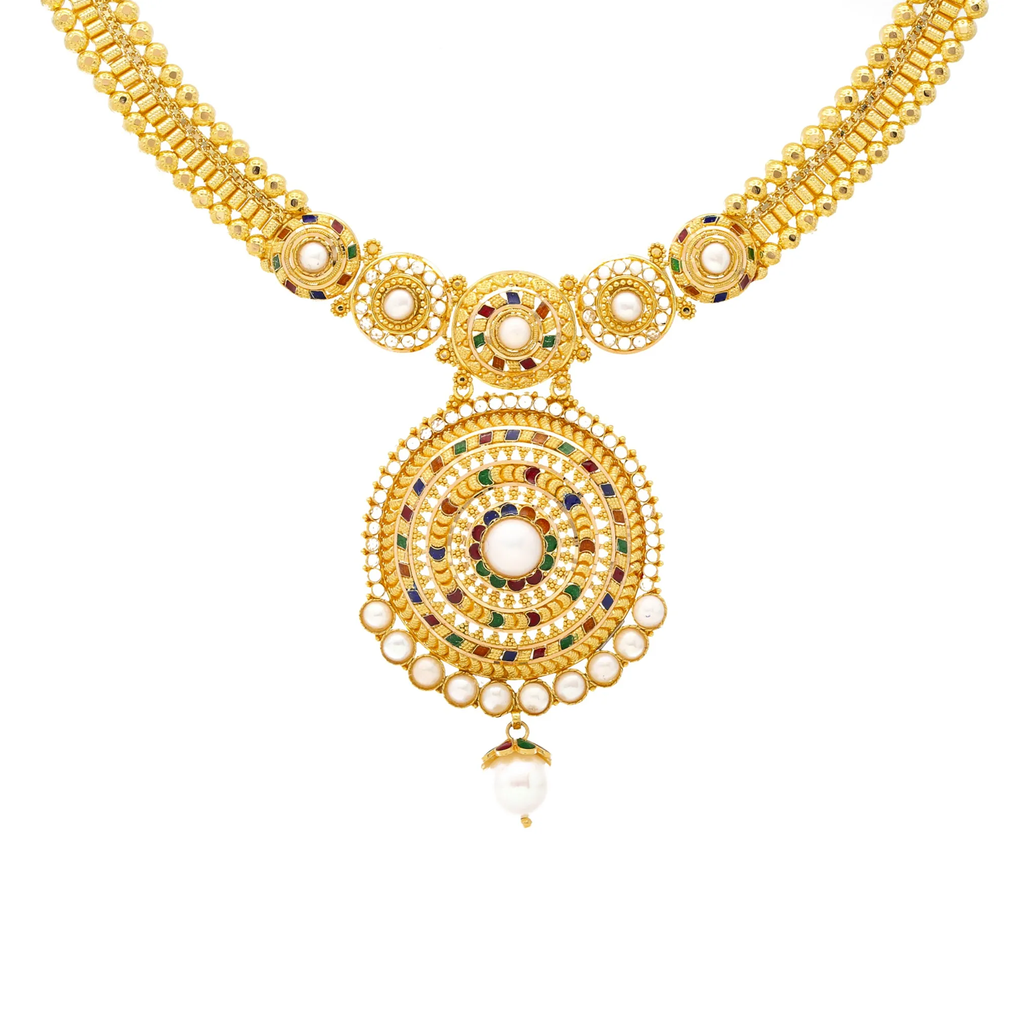 22K Gold Meenakari & Pearl Jewelry Set (72.6gm)