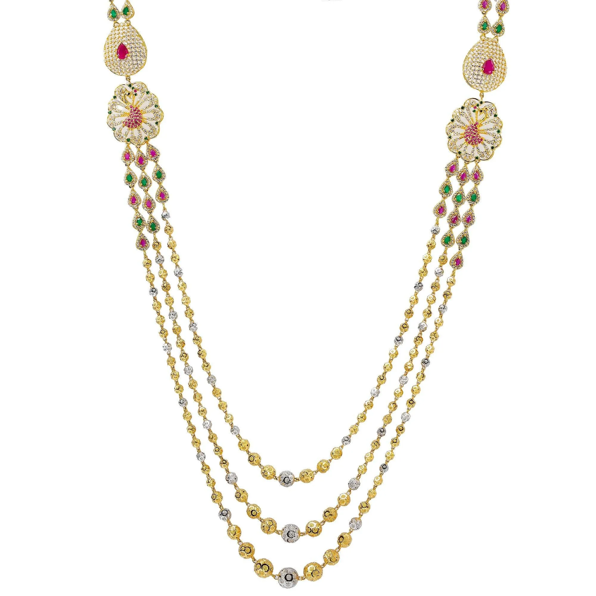 22K Multi Tone Gold Layered Haaram Necklace W/ Rubies, Emeralds, CZ Gemstones & Ornate Side Pendants