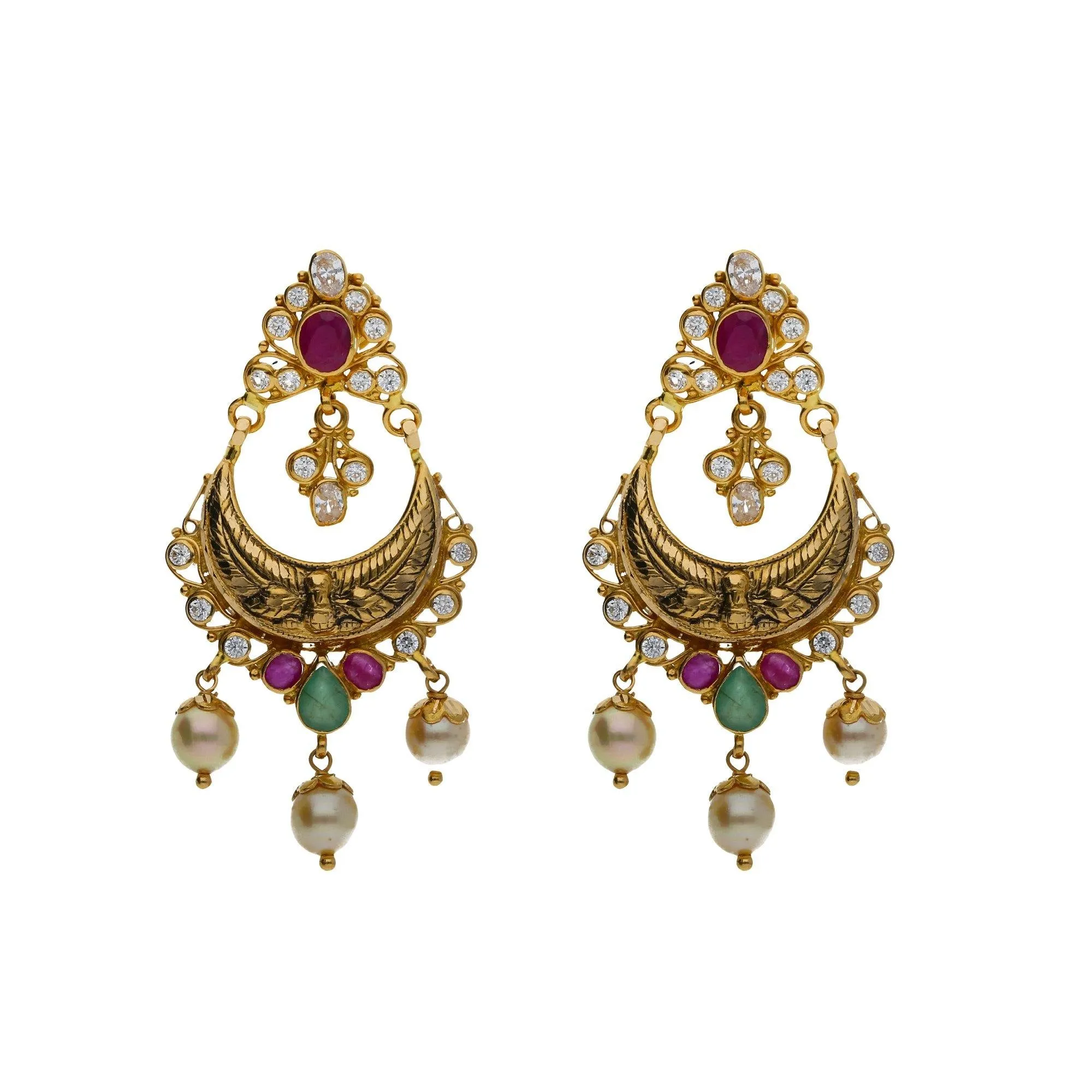 22K Yellow Antique Gold 2-in-1 Choker/Vanki & Chandbali Earrings Set W/ Emerald, Ruby, CZ, Pearls & Double Peacock Design