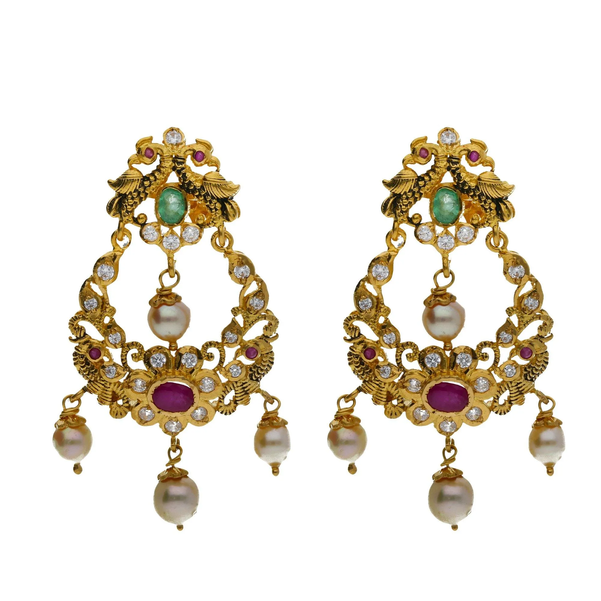 22K Yellow Gold 2-in-1 Choker/Vanki & Chandbali Earrings Set W/ Emerald, Pachi CZ, Hanging Pearls & Darkly Etched Accents