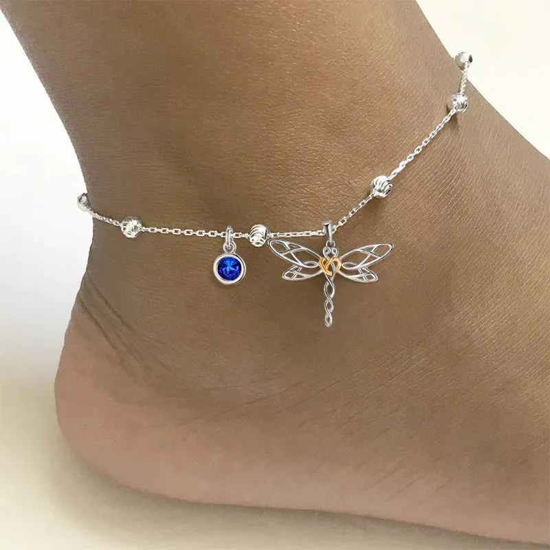 925 Sterling Silver Birthstone Dragonfly Anklet Butterfly Anklet Irish Celtic Jewelry for Women