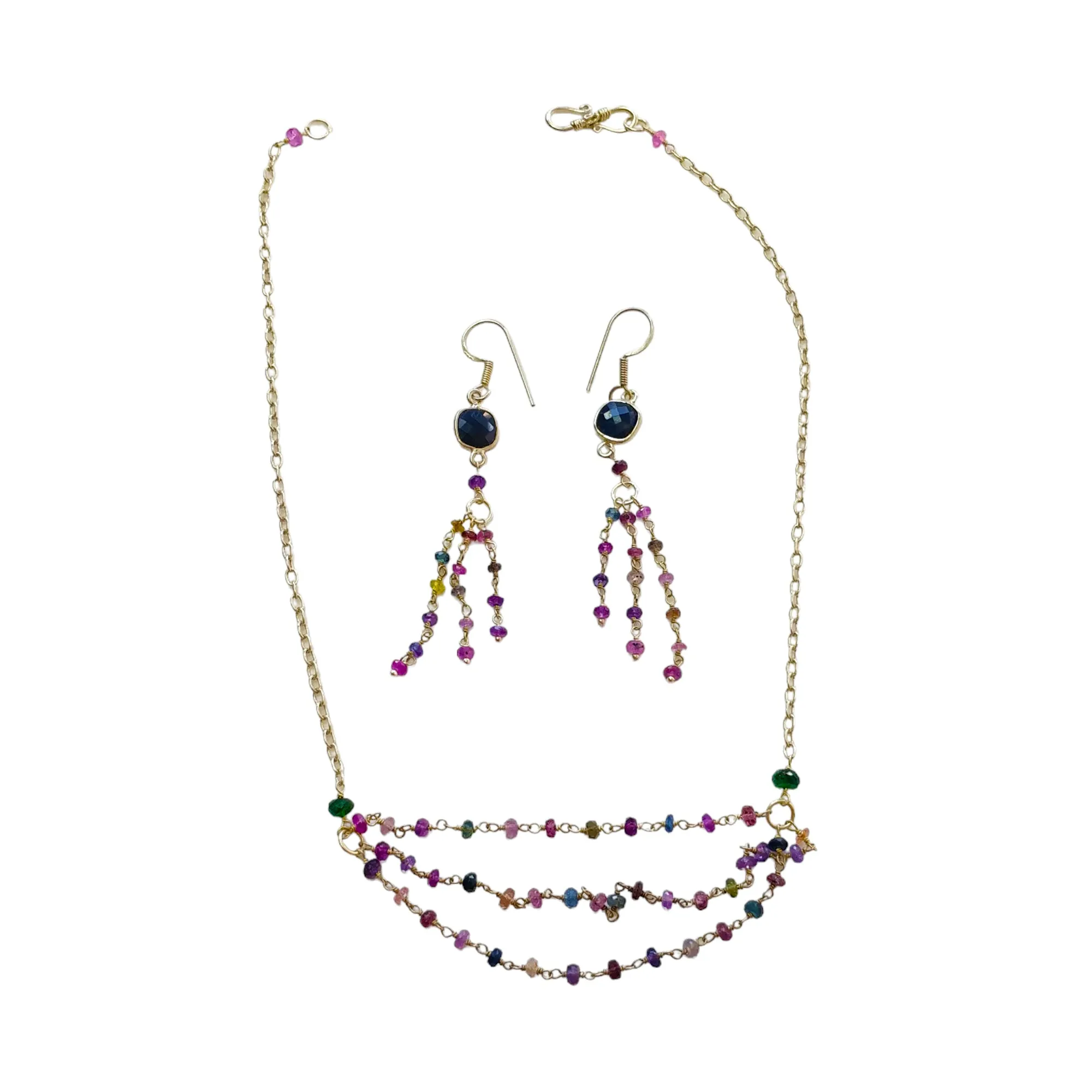 925 Sterling Silver Jewelry : 9.26gms Natural Untreated Blue & Multi SAPPHIRE Gemstone Beads Necklace Drop Dangle Earring Jewelry Set