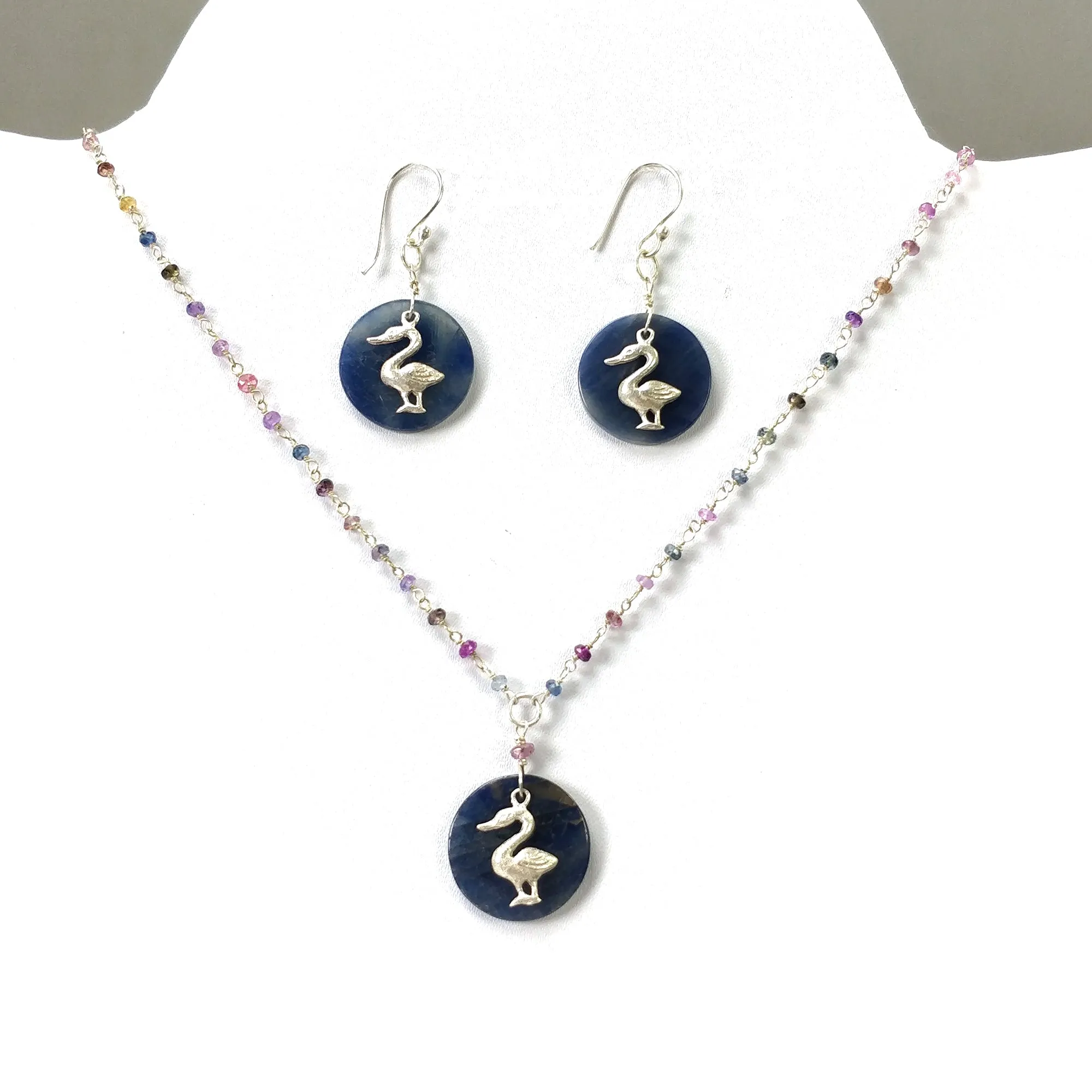 925 Sterling Silver Jewelry :  Natural Untreated BLUE SAPPHIRE Gemstone 1.85" Beaded Necklace Drop Dangle Earring Jewelry Set