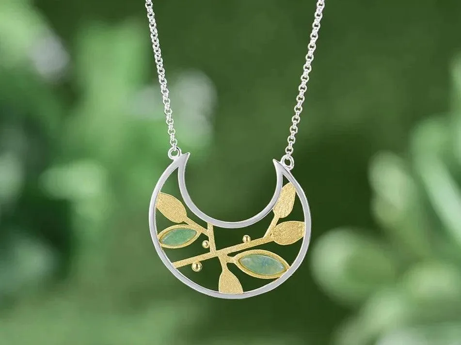 925 Sterling Silver Necklace Charm Jewelry with Aventurine Stone Leaves (LFJF0029)