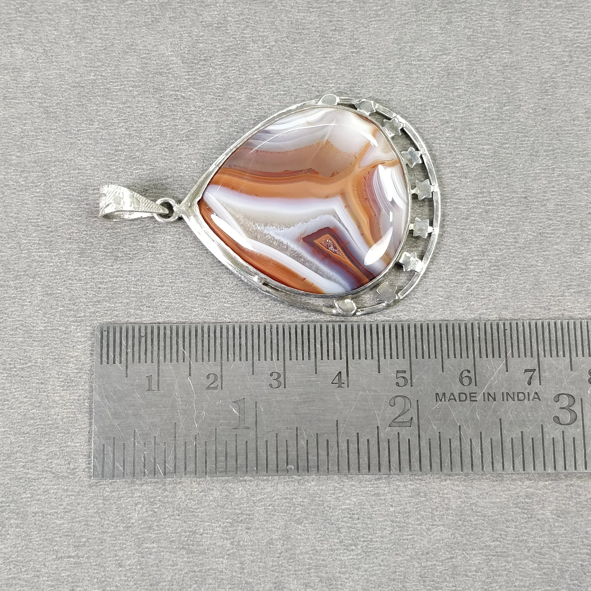 925 Sterling Silver PENDANT : 15.25gms Natural BOTSWANA AGATE Gemstone Heart Shape Bezel Set Pendant 2.25"