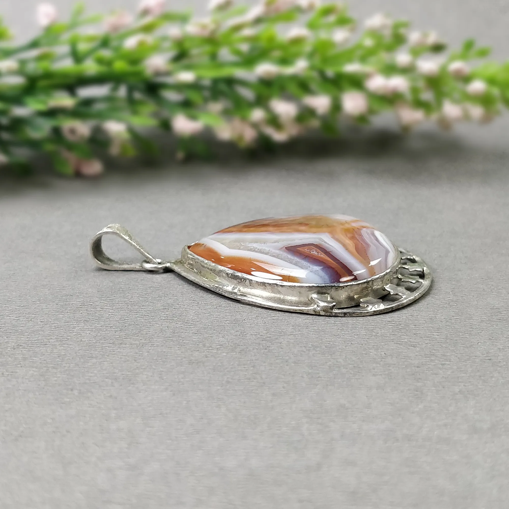 925 Sterling Silver PENDANT : 15.25gms Natural BOTSWANA AGATE Gemstone Heart Shape Bezel Set Pendant 2.25"