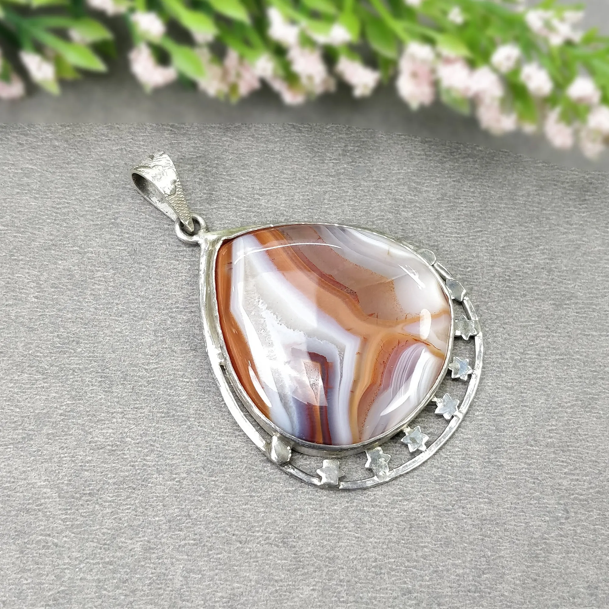 925 Sterling Silver PENDANT : 15.25gms Natural BOTSWANA AGATE Gemstone Heart Shape Bezel Set Pendant 2.25"