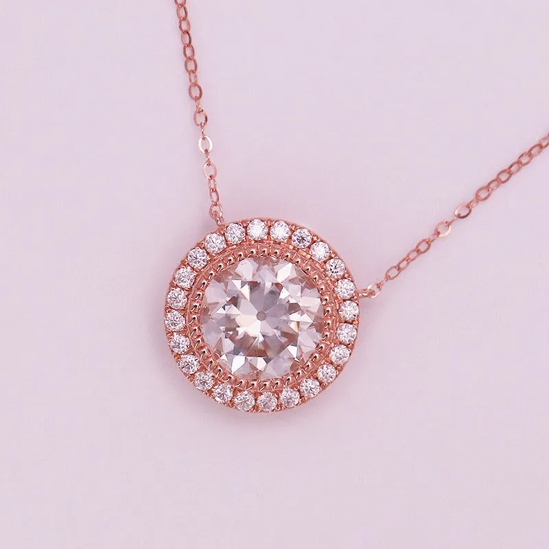 9mm Moissanite Halo Vintage Necklace 10K Rosegold