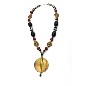 African Black & Maroon Copal Resin Amber & Brass Necklace and Earring Set