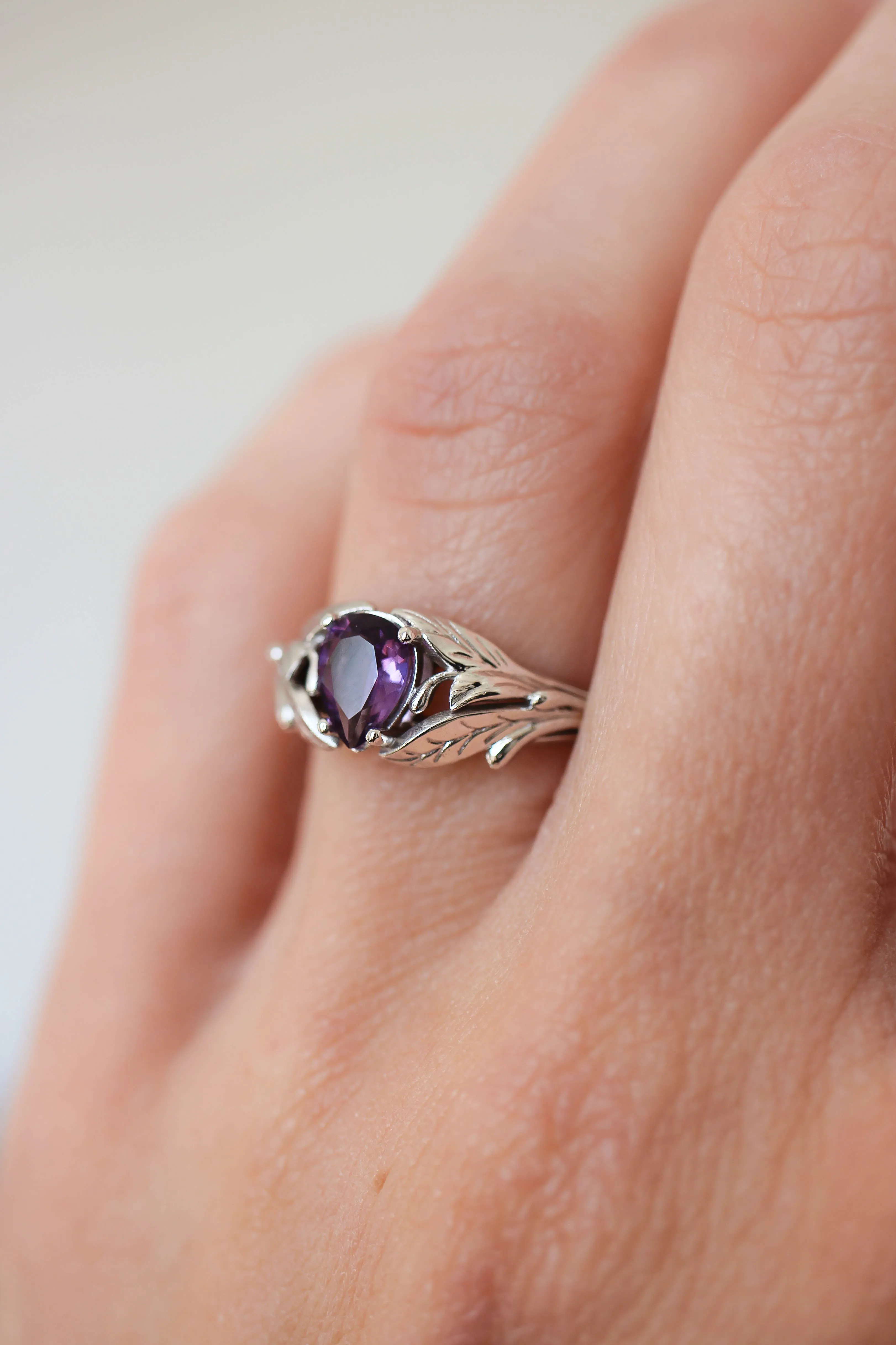 Amethyst engagement ring, leaf ring / Wisteria