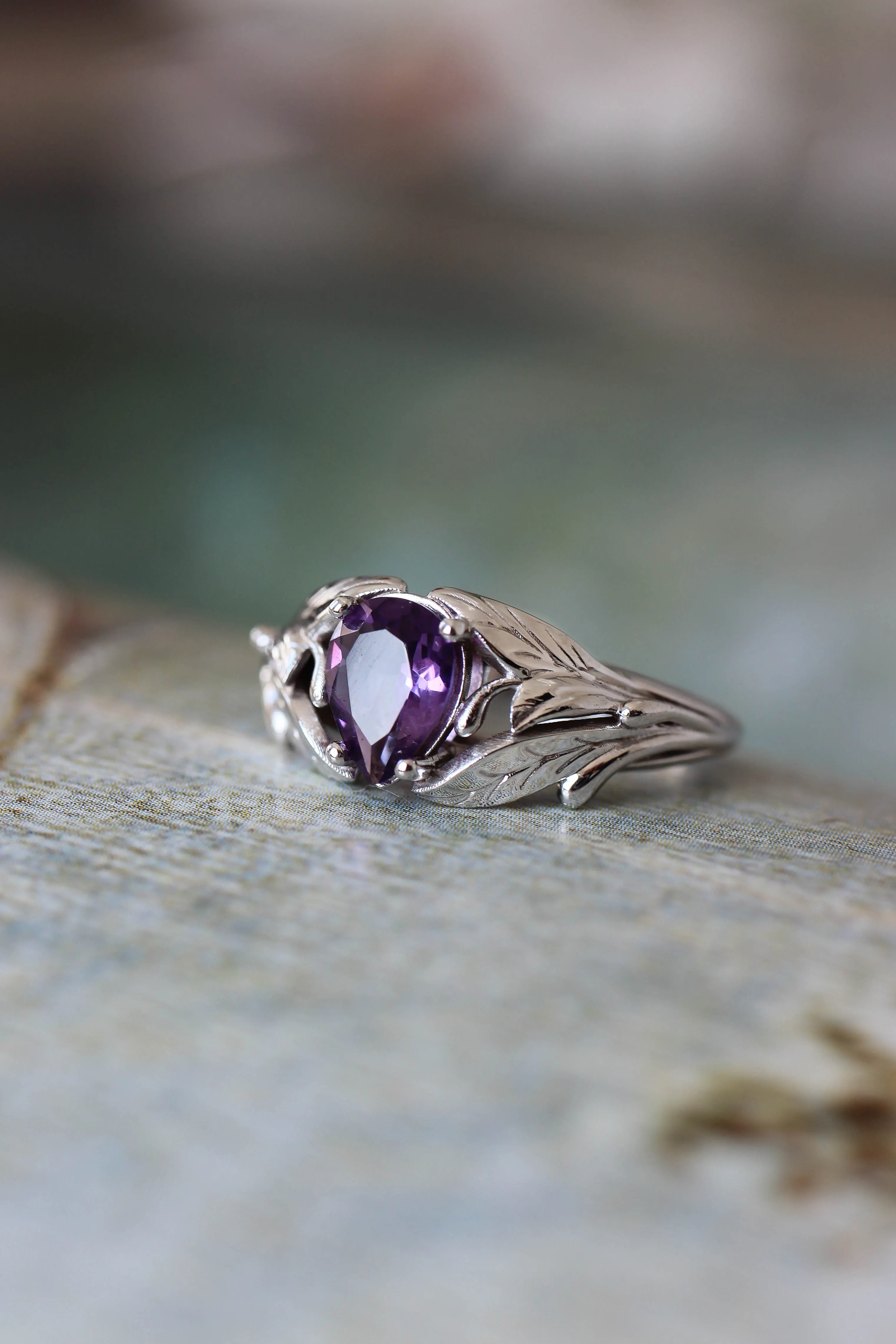 Amethyst engagement ring, leaf ring / Wisteria