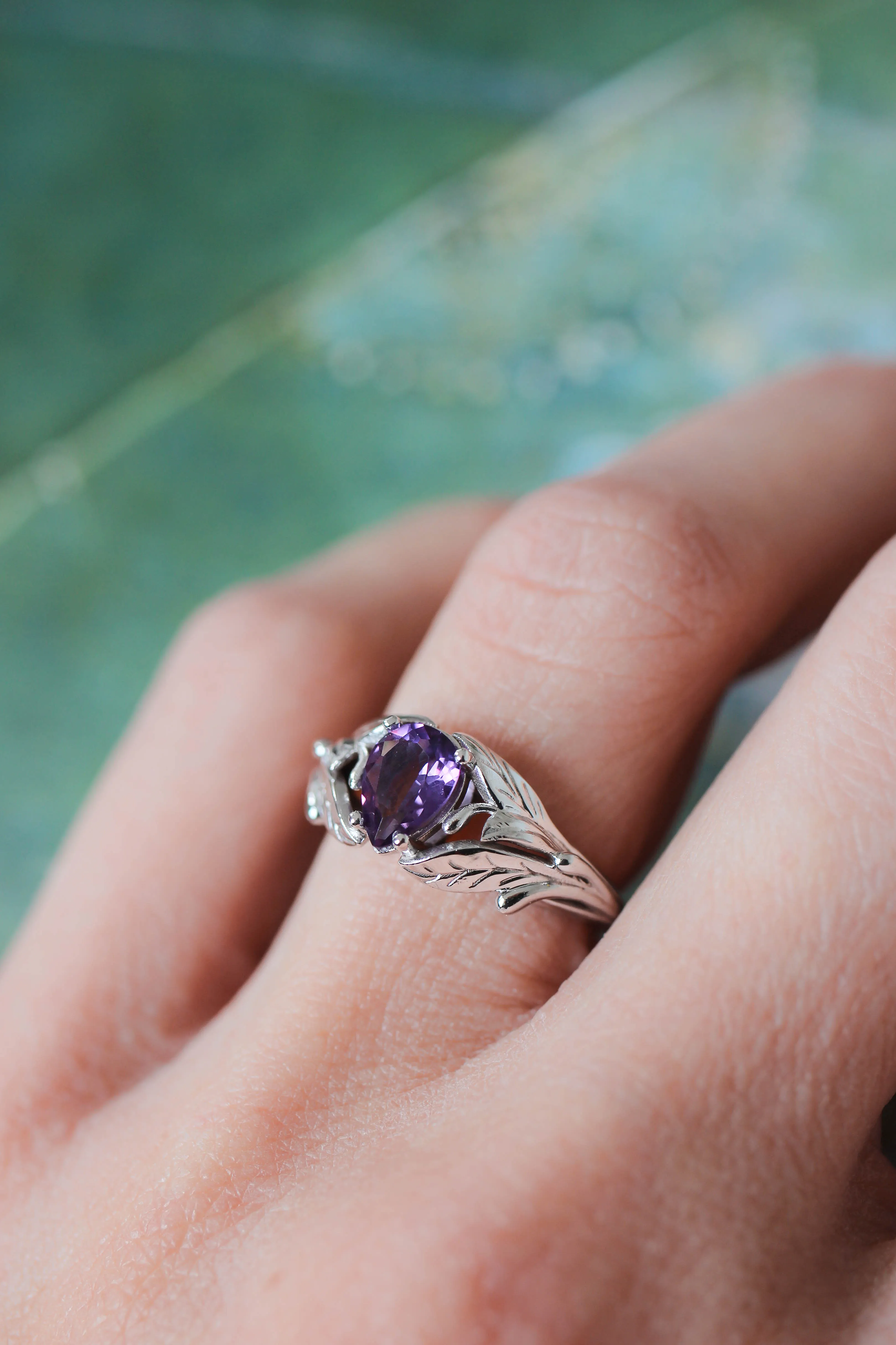 Amethyst engagement ring, leaf ring / Wisteria