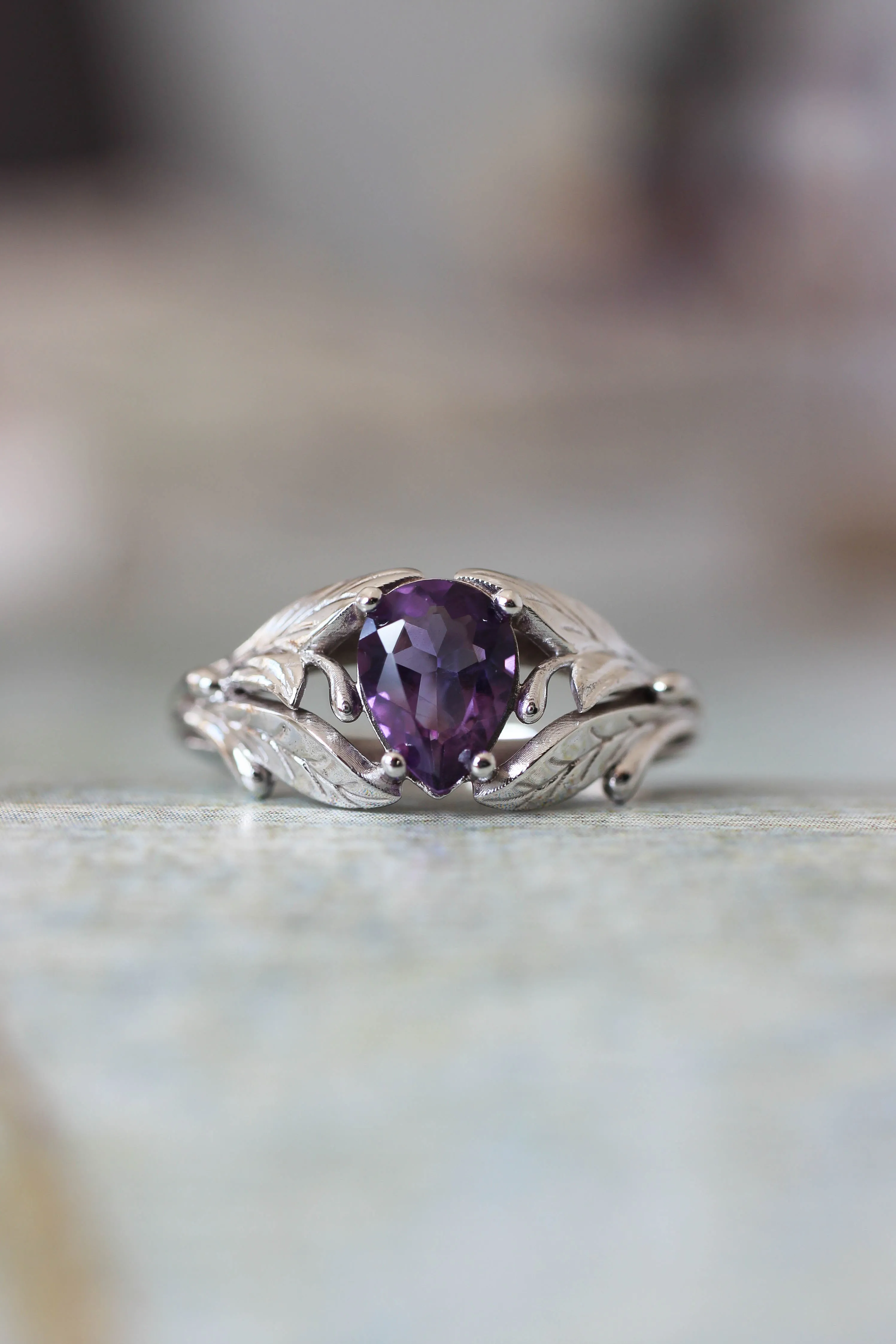 Amethyst engagement ring, leaf ring / Wisteria