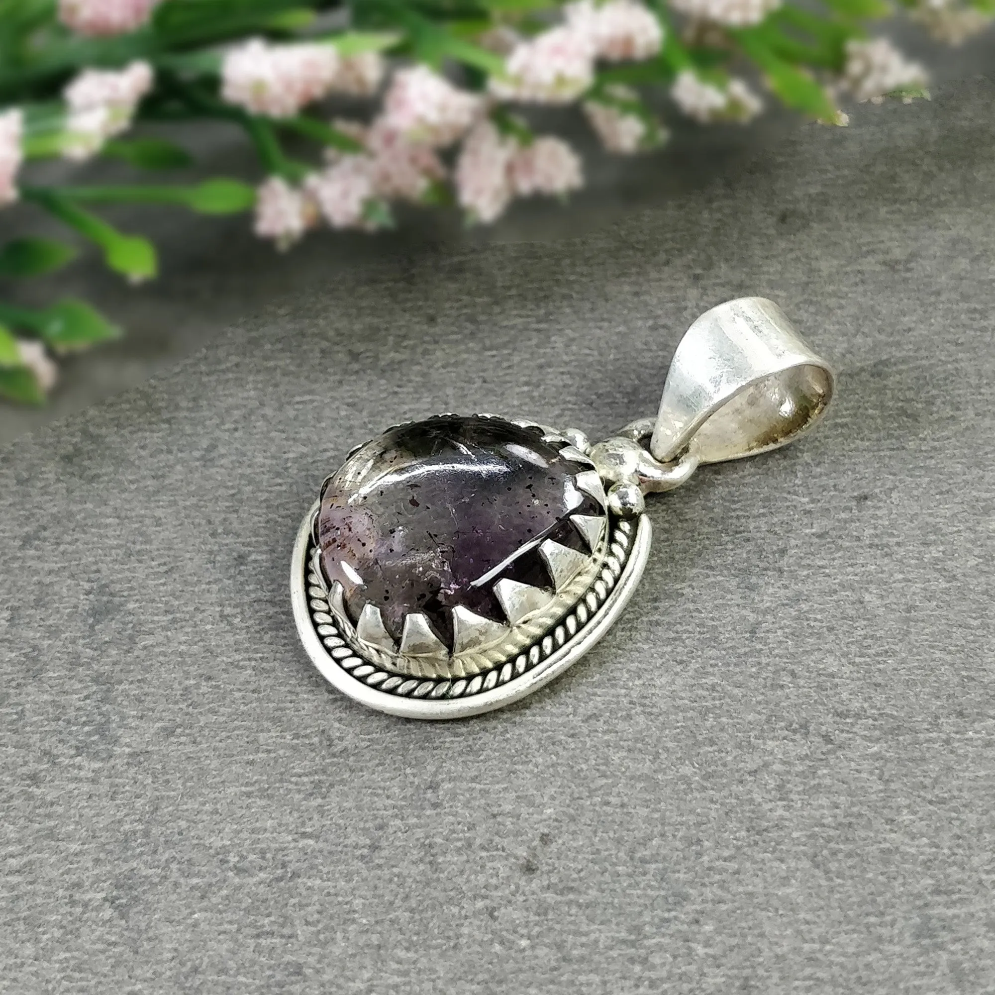 AMETHYST Gemstone 925 Sterling Silver Pendant : 6.100gms Natural Untreated Purple Amethyst Cabochon Bezel Set Pendant 1.35"