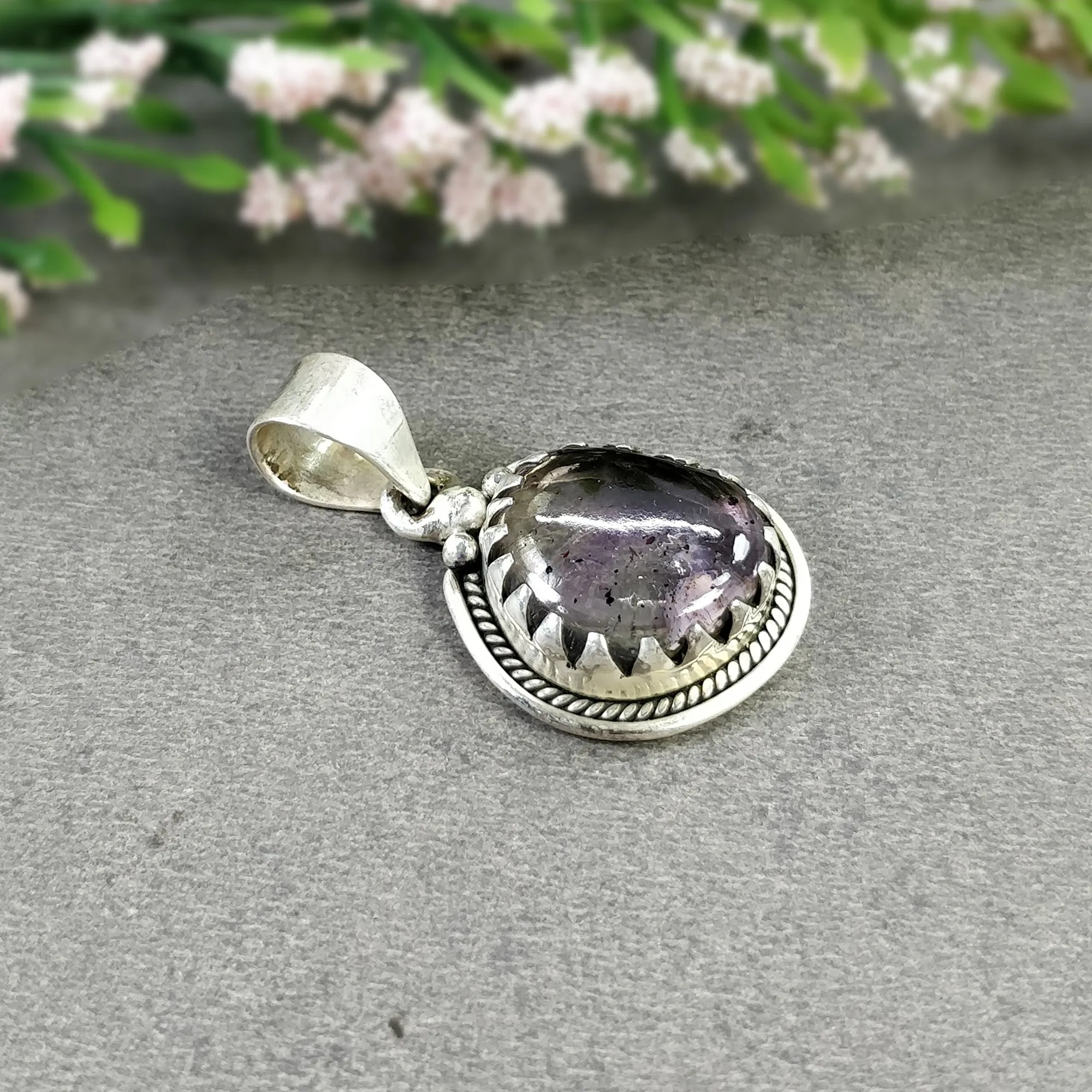 AMETHYST Gemstone 925 Sterling Silver Pendant : 6.100gms Natural Untreated Purple Amethyst Cabochon Bezel Set Pendant 1.35"