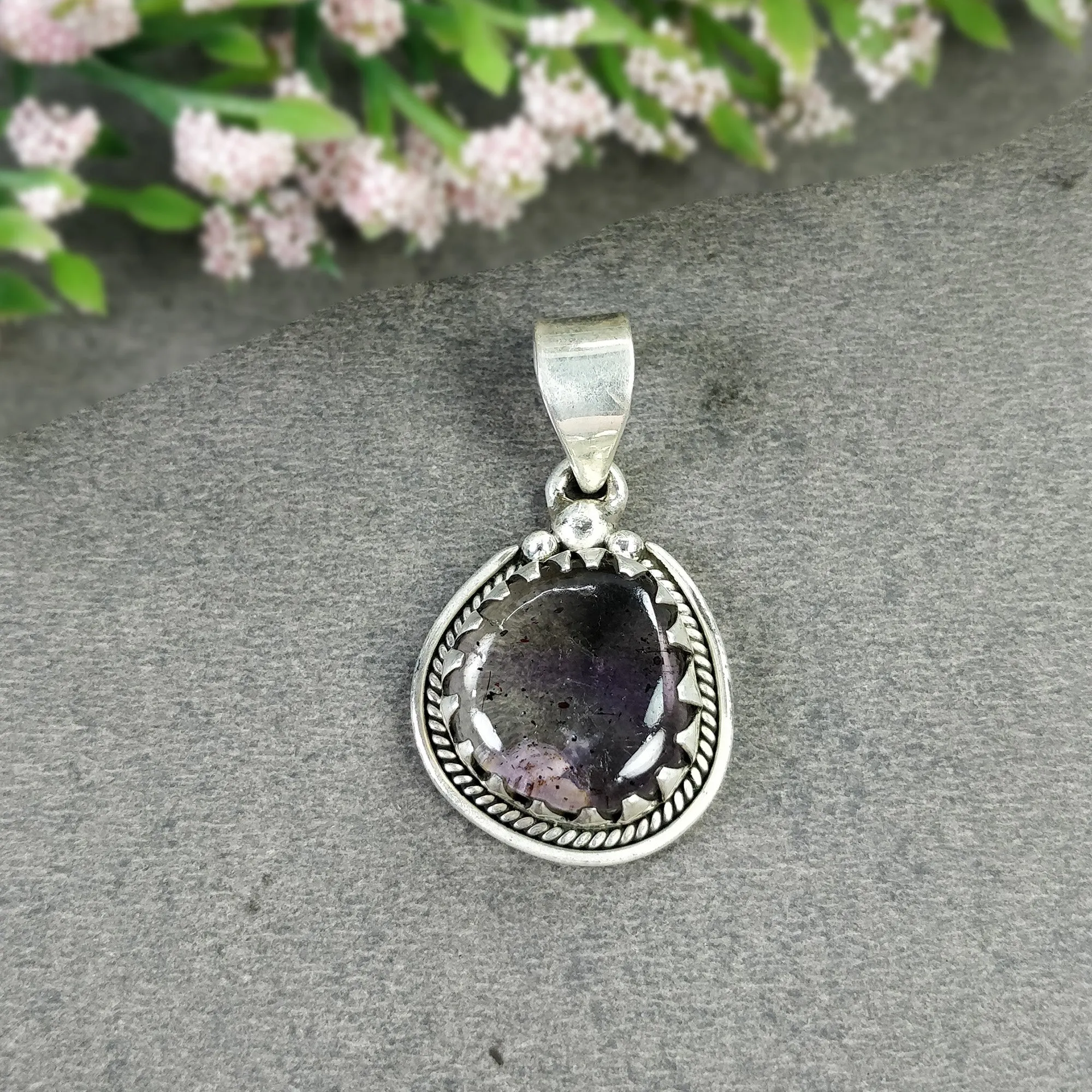 AMETHYST Gemstone 925 Sterling Silver Pendant : 6.100gms Natural Untreated Purple Amethyst Cabochon Bezel Set Pendant 1.35"