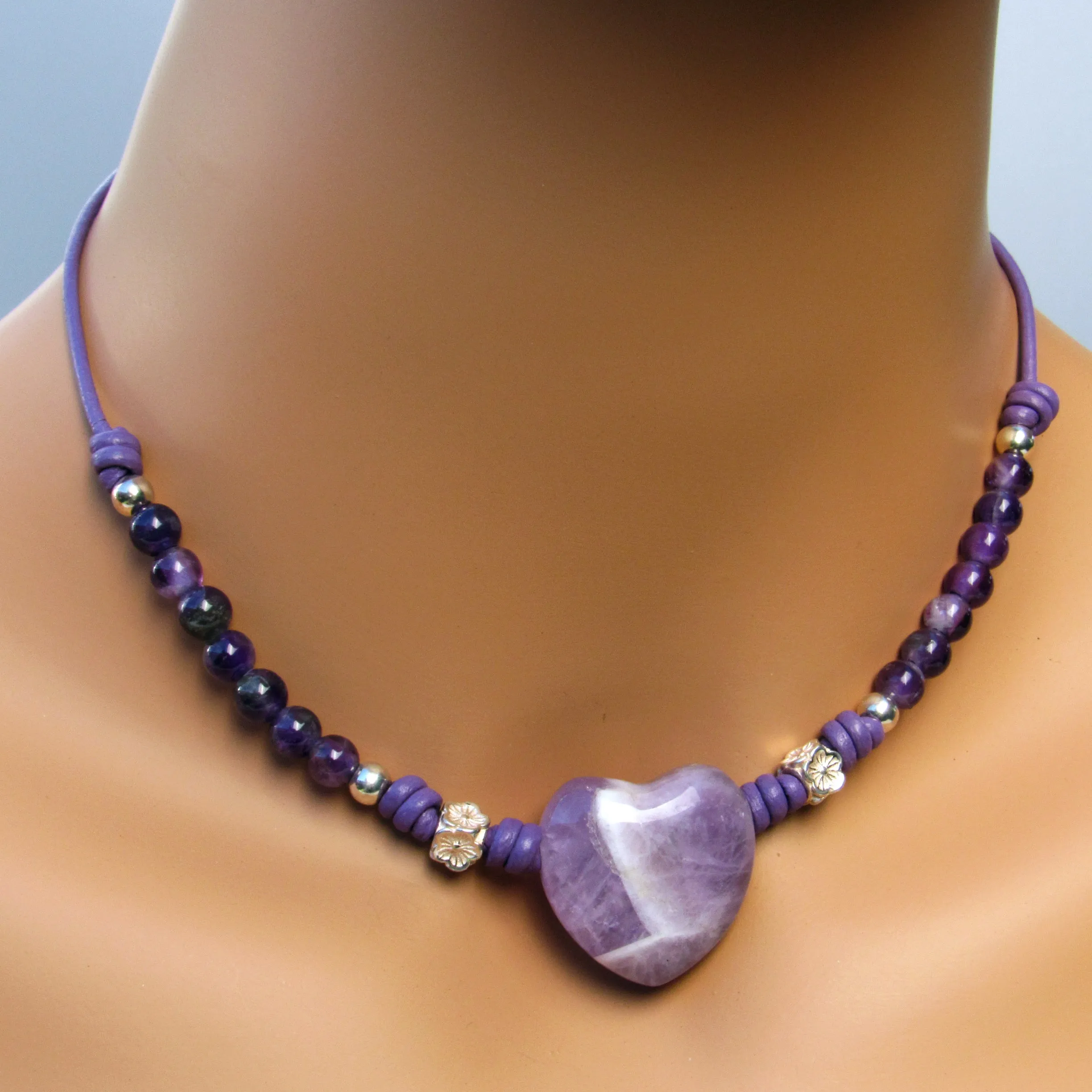 Amethyst gemstone and heart with sterling silver on leather necklace