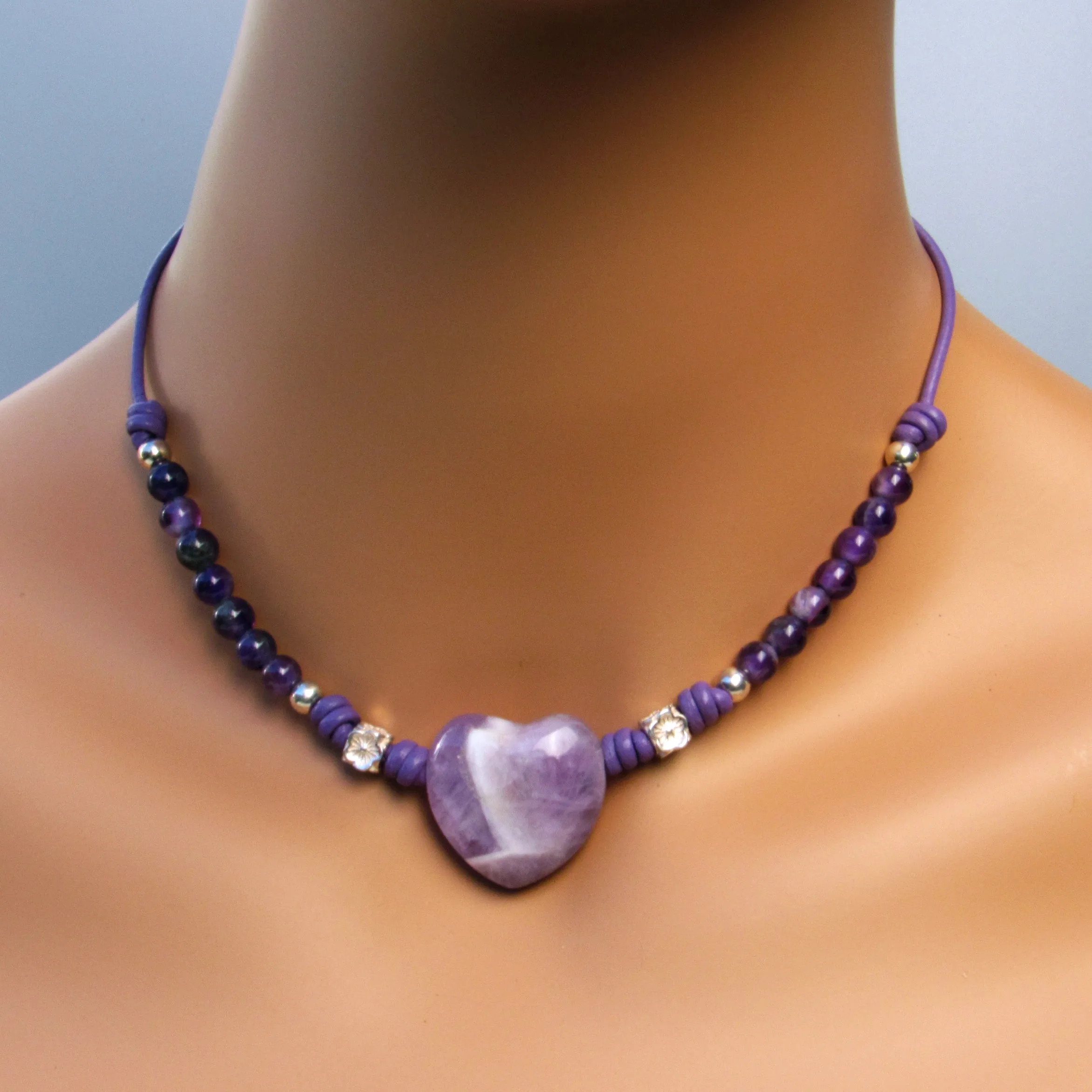 Amethyst gemstone and heart with sterling silver on leather necklace