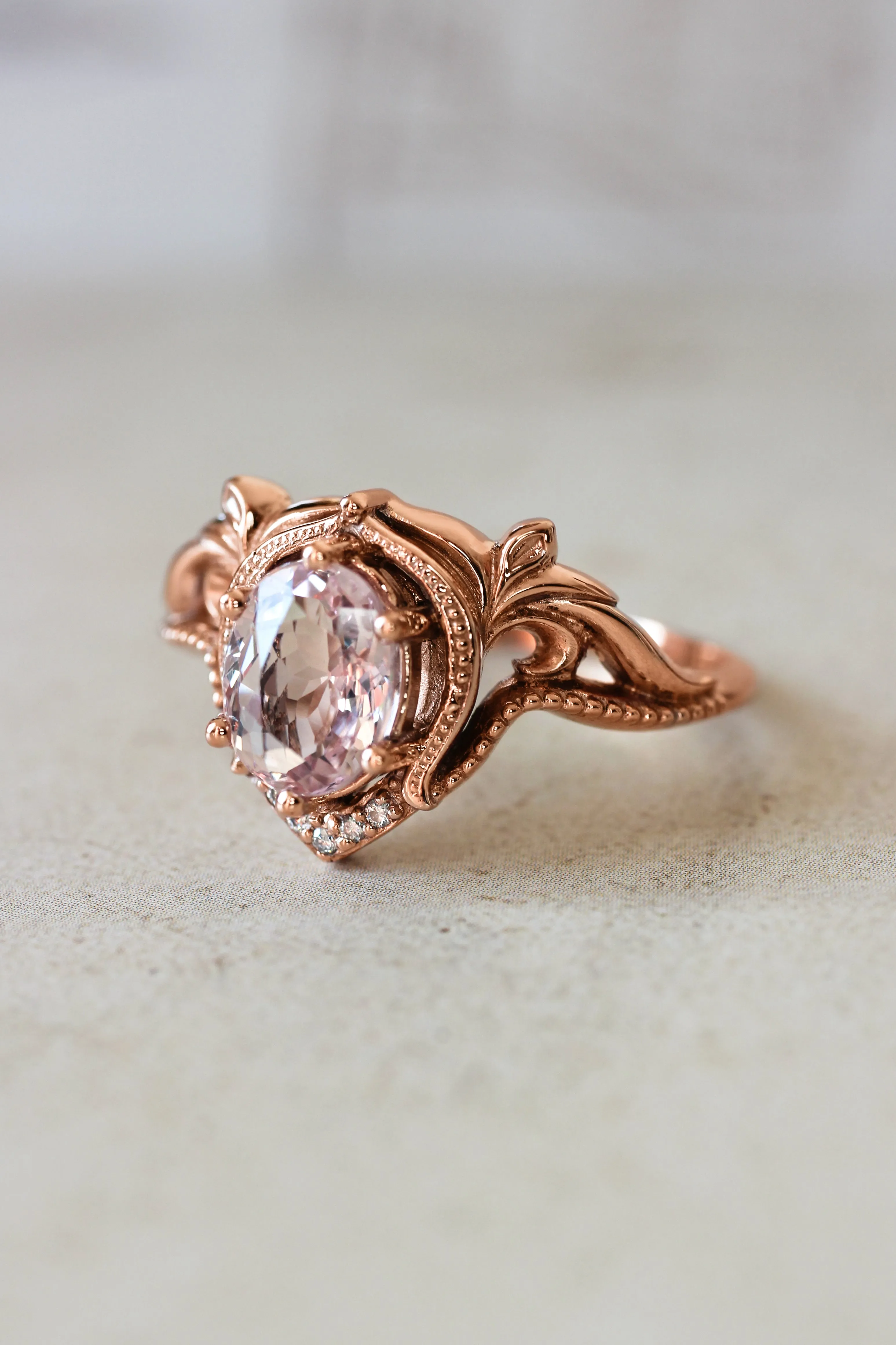 Art nouveau bridal ring set with morganite / Lida oval