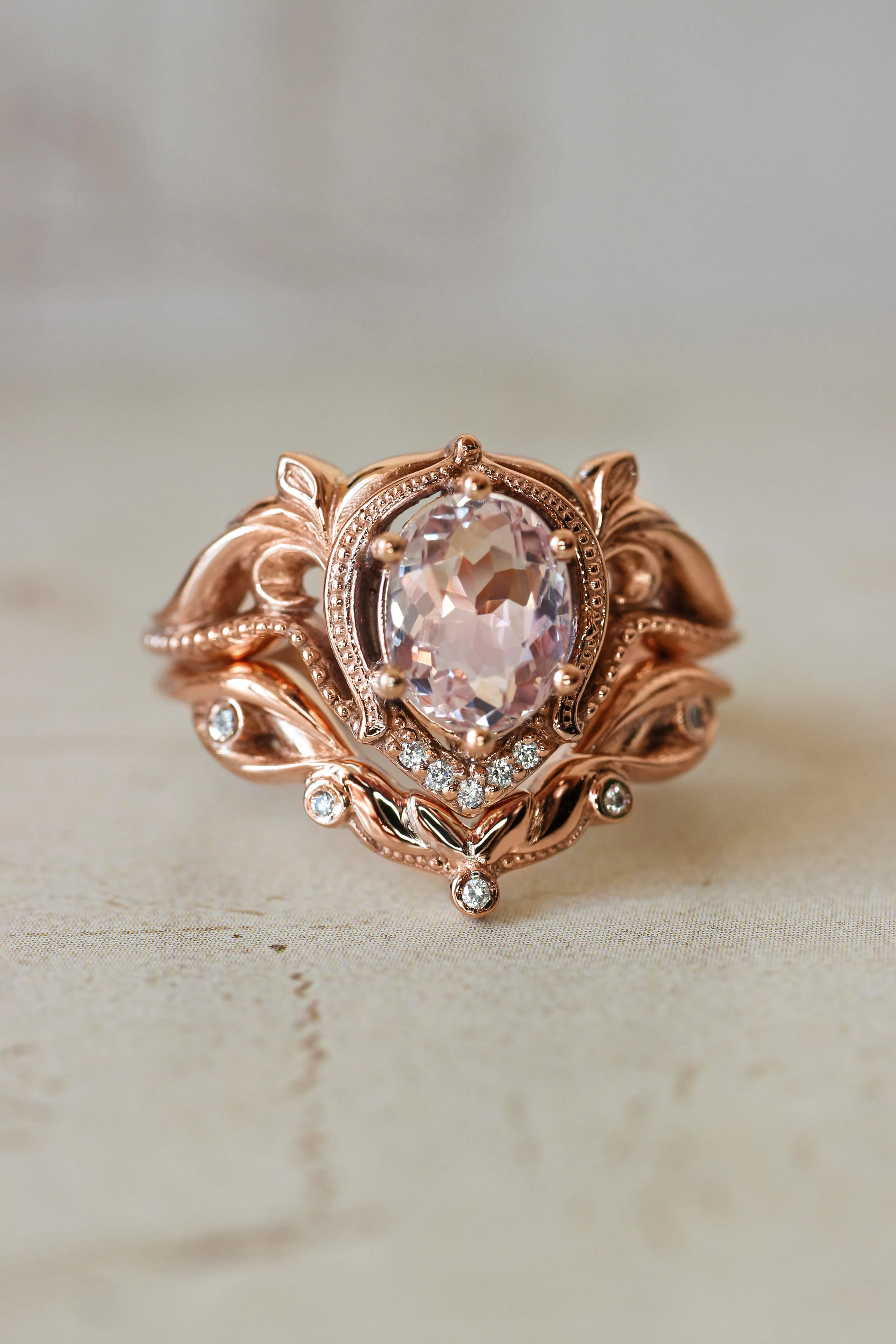 Art nouveau bridal ring set with morganite / Lida oval