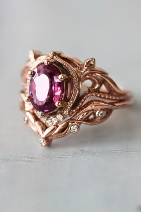 Art nouveau bridal ring set with rhodolite garnet / Lida oval