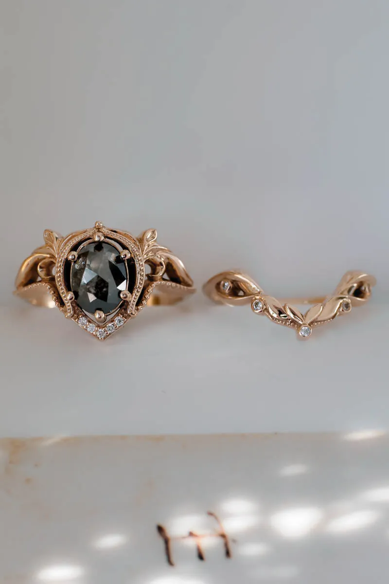 Art nouveau bridal ring set with salt & pepper diamond / Lida oval