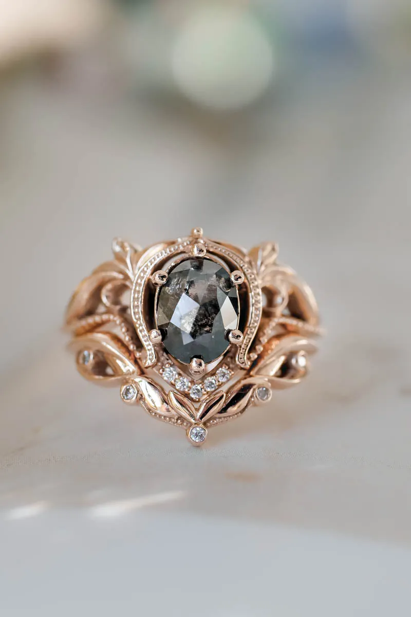 Art nouveau bridal ring set with salt & pepper diamond / Lida oval