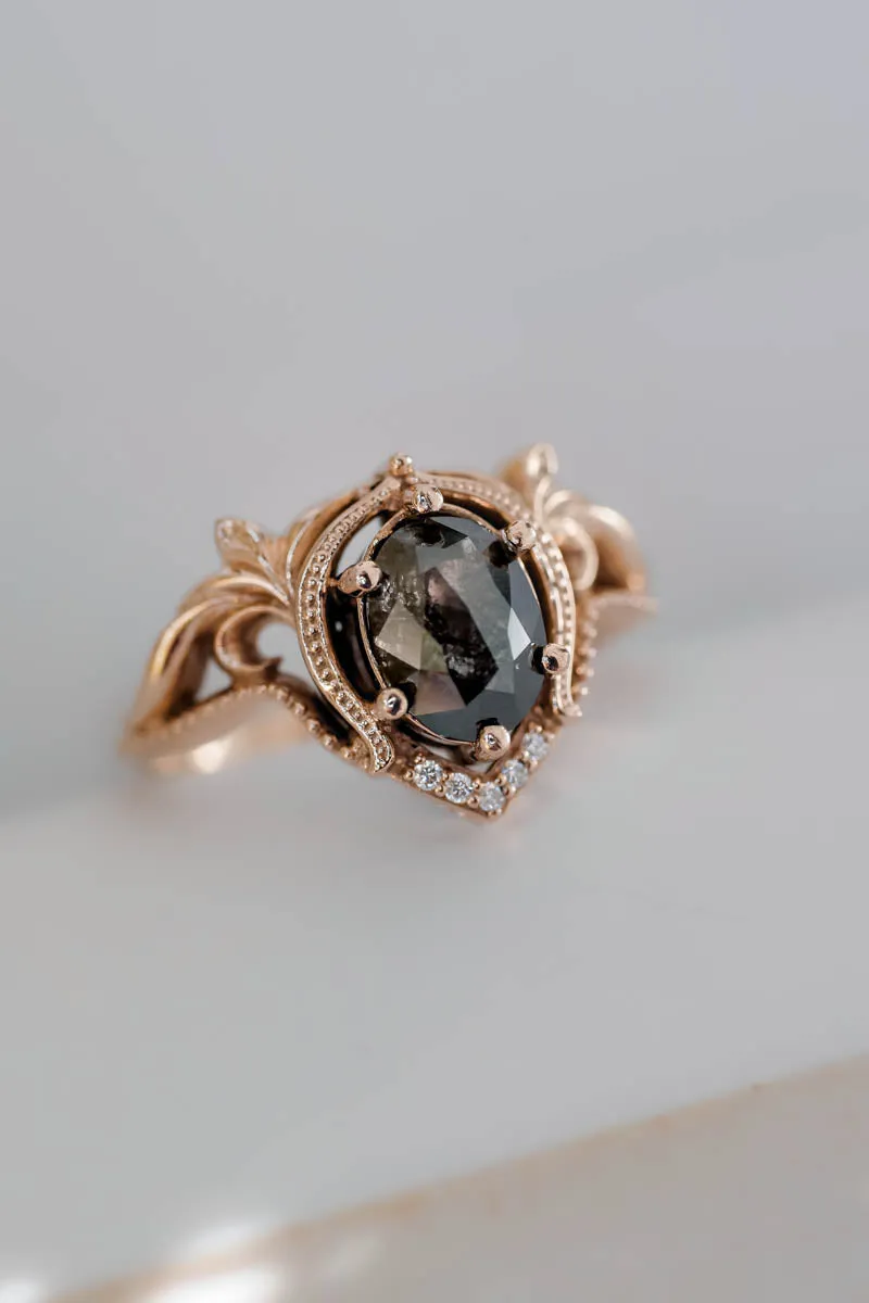 Art nouveau bridal ring set with salt & pepper diamond / Lida oval