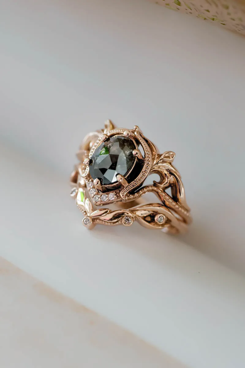 Art nouveau bridal ring set with salt & pepper diamond / Lida oval