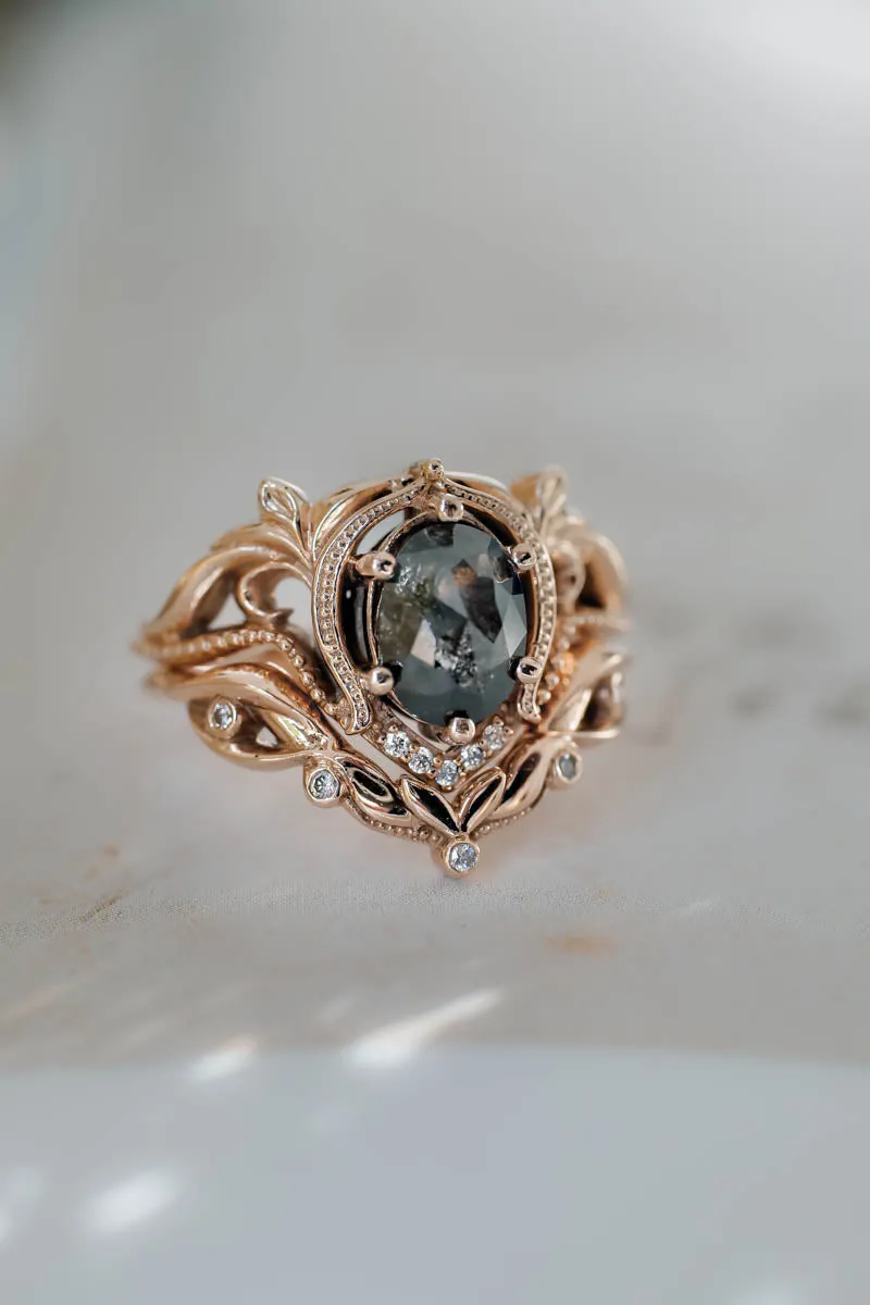 Art nouveau bridal ring set with salt & pepper diamond / Lida oval