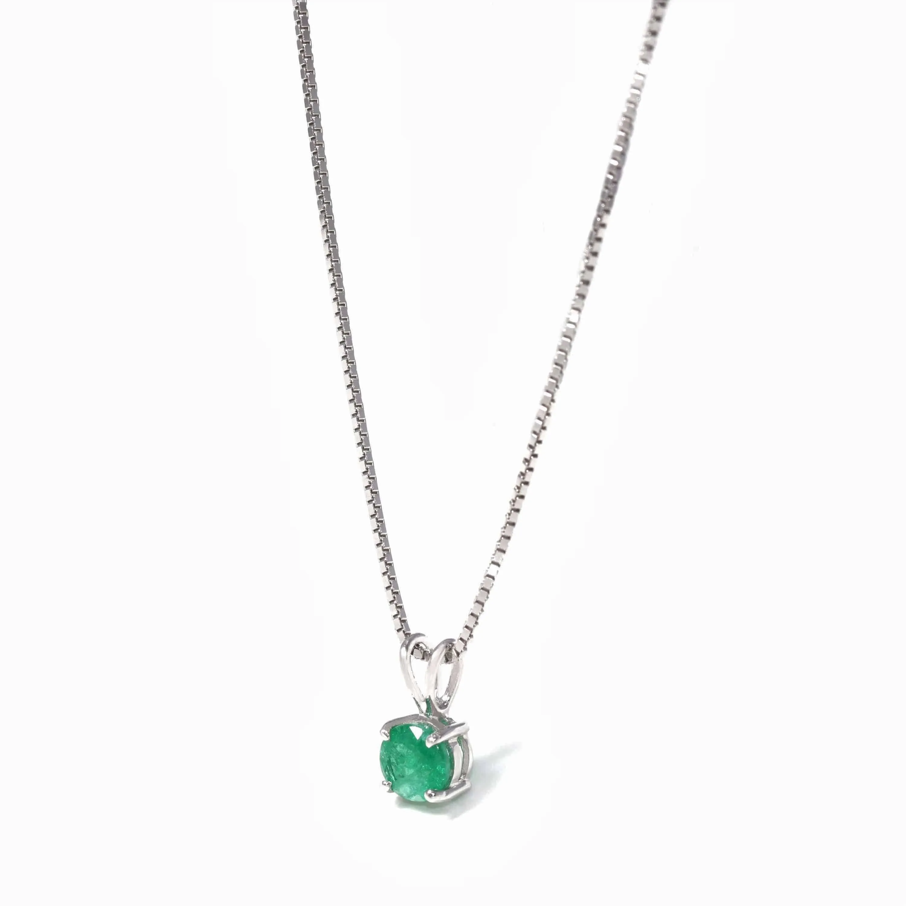 Baikalla? 14k White Gold Emerald Round 4 Prong Set Necklace With Diamond Halo