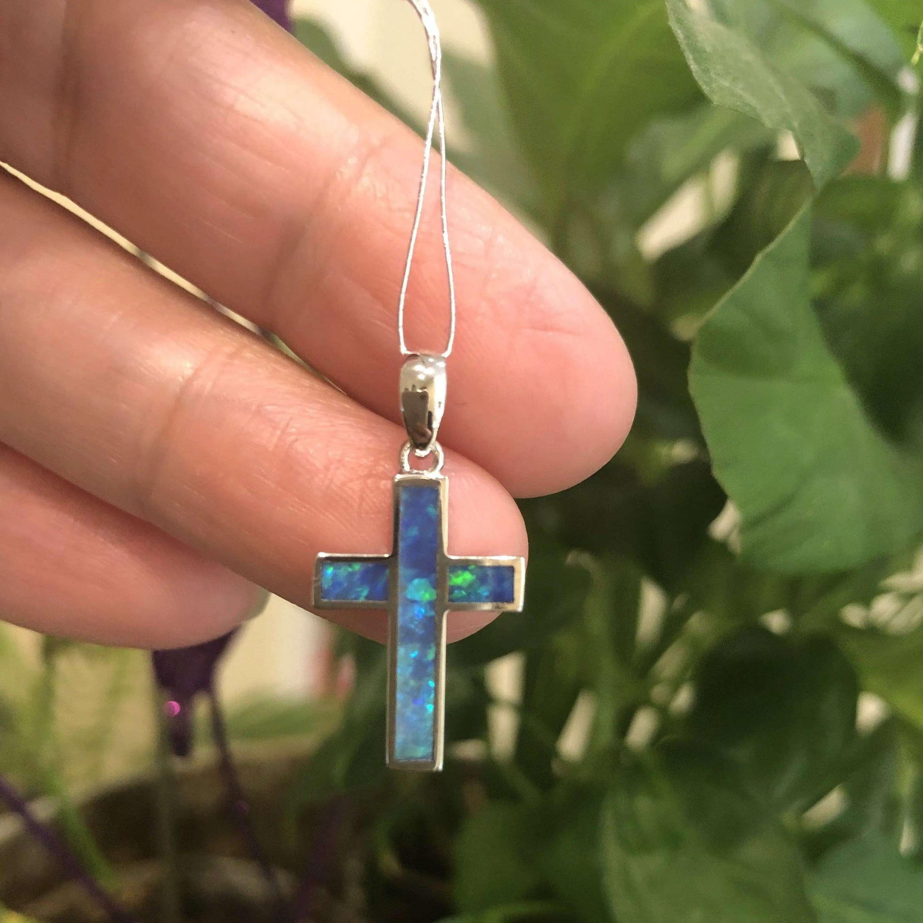 Baikalla? Sterling Silver Freeform Australian Blue Natural Opal Bezel Set Cross Necklace