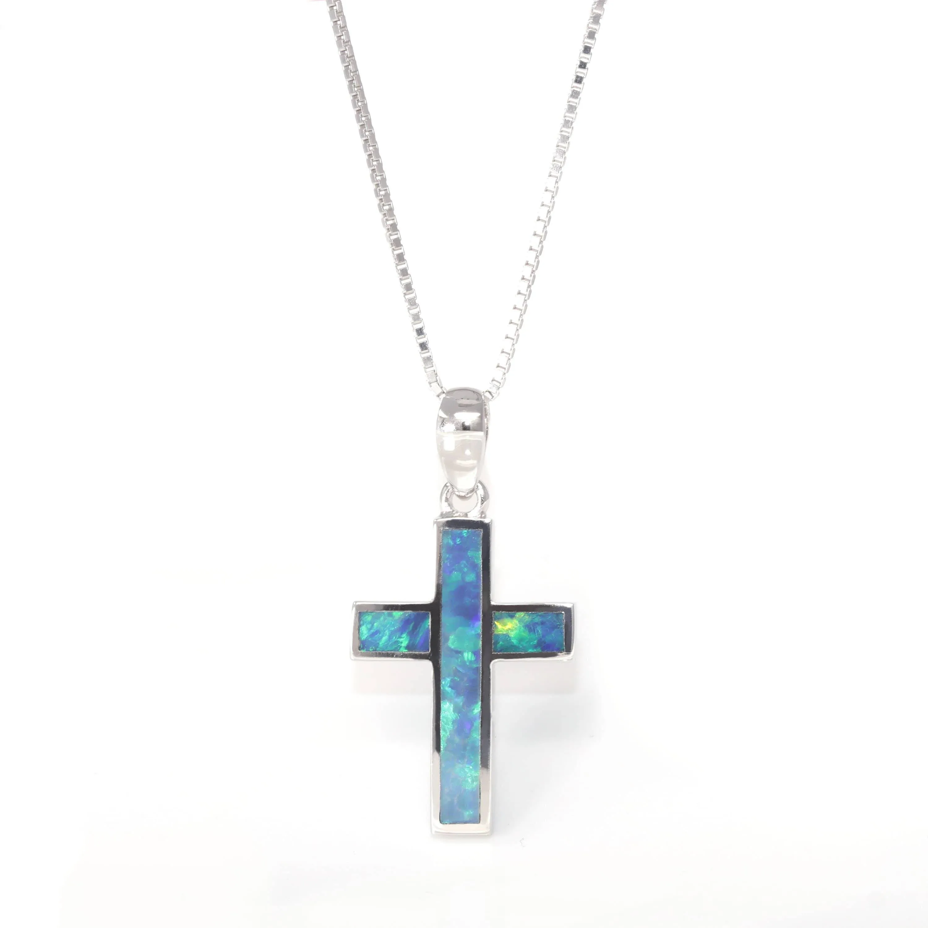 Baikalla? Sterling Silver Freeform Australian Blue Natural Opal Bezel Set Cross Necklace