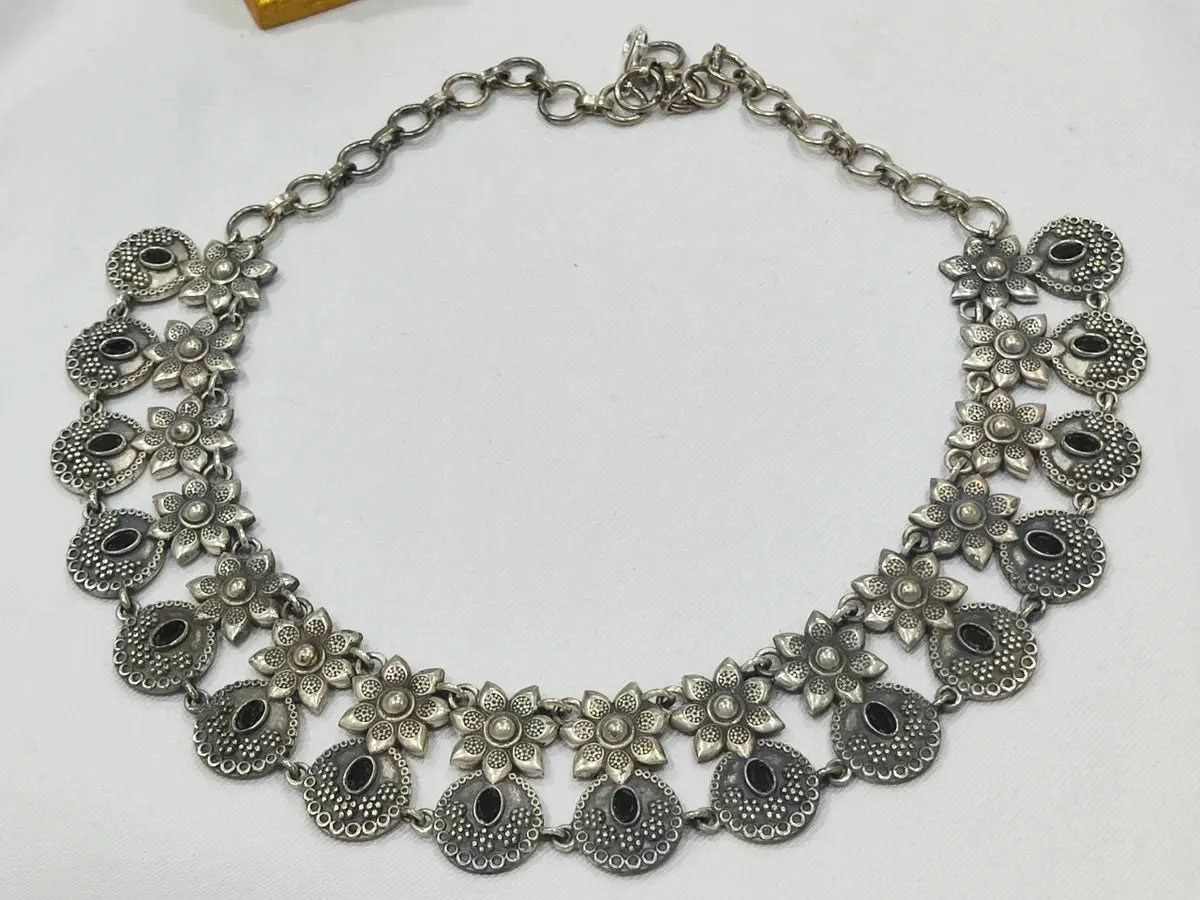 Beautiful Silver Plated Oxidized Floral Choker Made With Brass And Copper