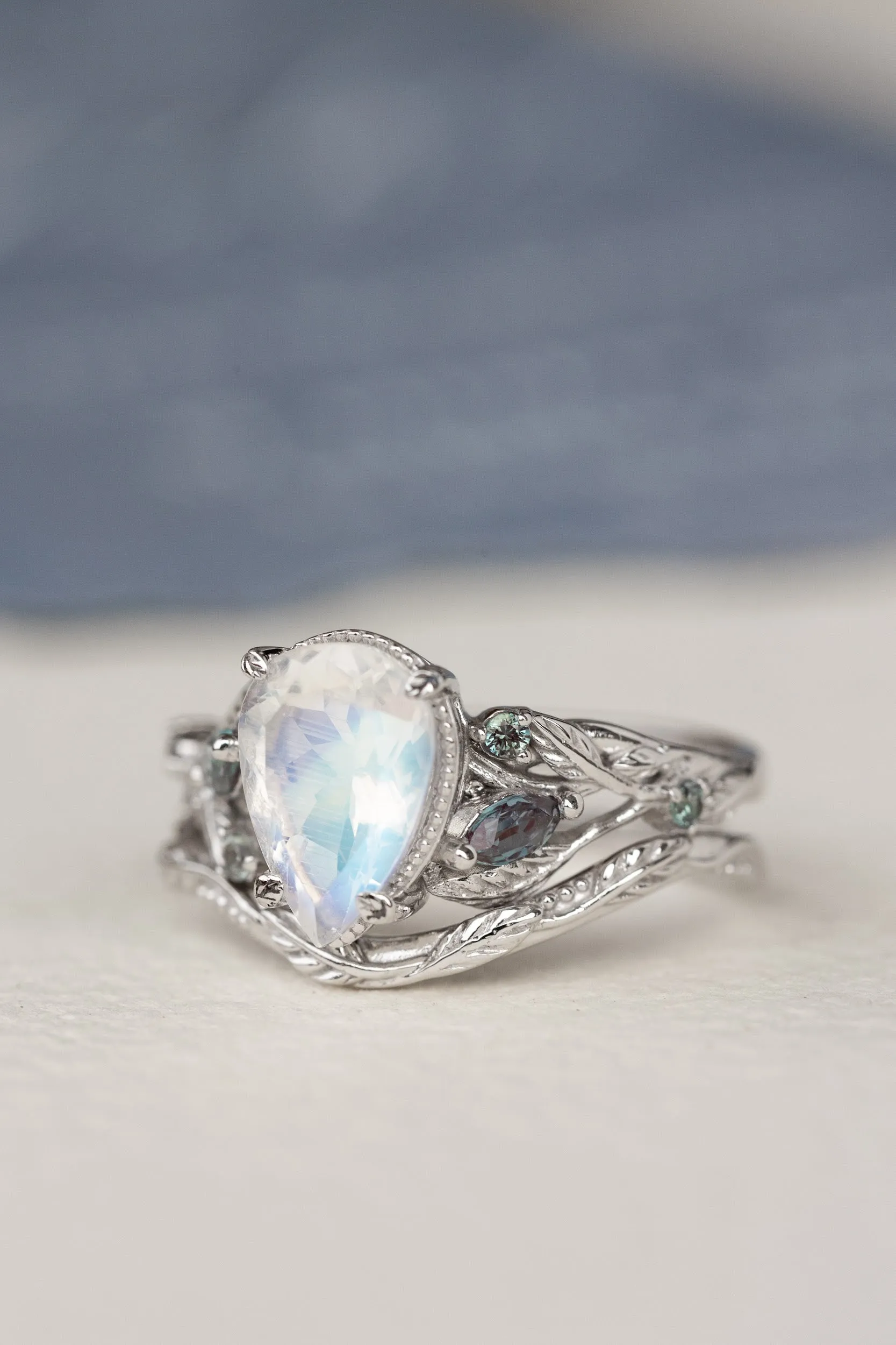 Big pear moonstone bridal ring set, engagement ring set with accent alexandrites / Patricia