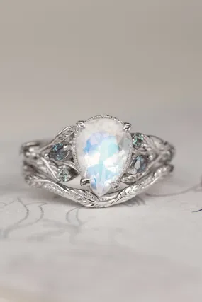 Big pear moonstone bridal ring set, engagement ring set with accent alexandrites / Patricia