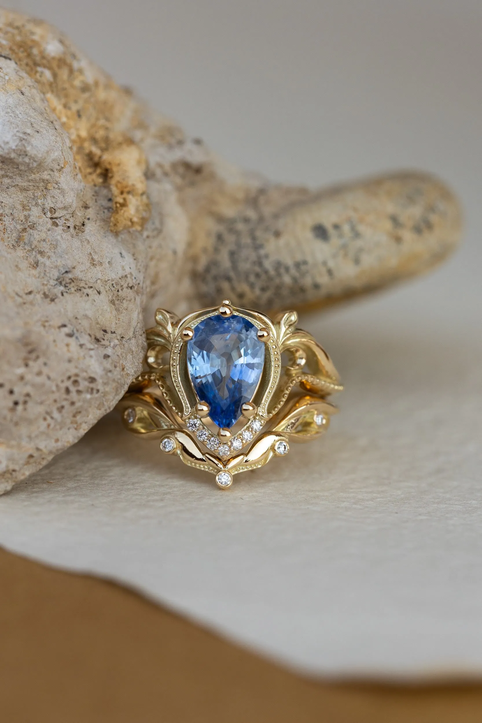 Big pear sapphire engagement ring set, vintage inspired gold stacking rings with accent diamonds / Lida