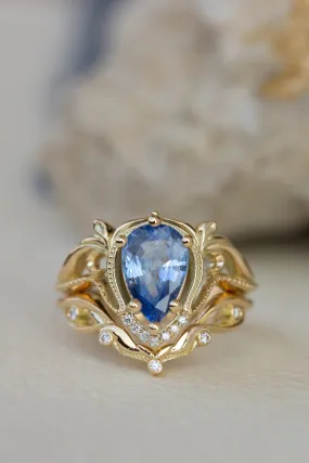 Big pear sapphire engagement ring set, vintage inspired gold stacking rings with accent diamonds / Lida