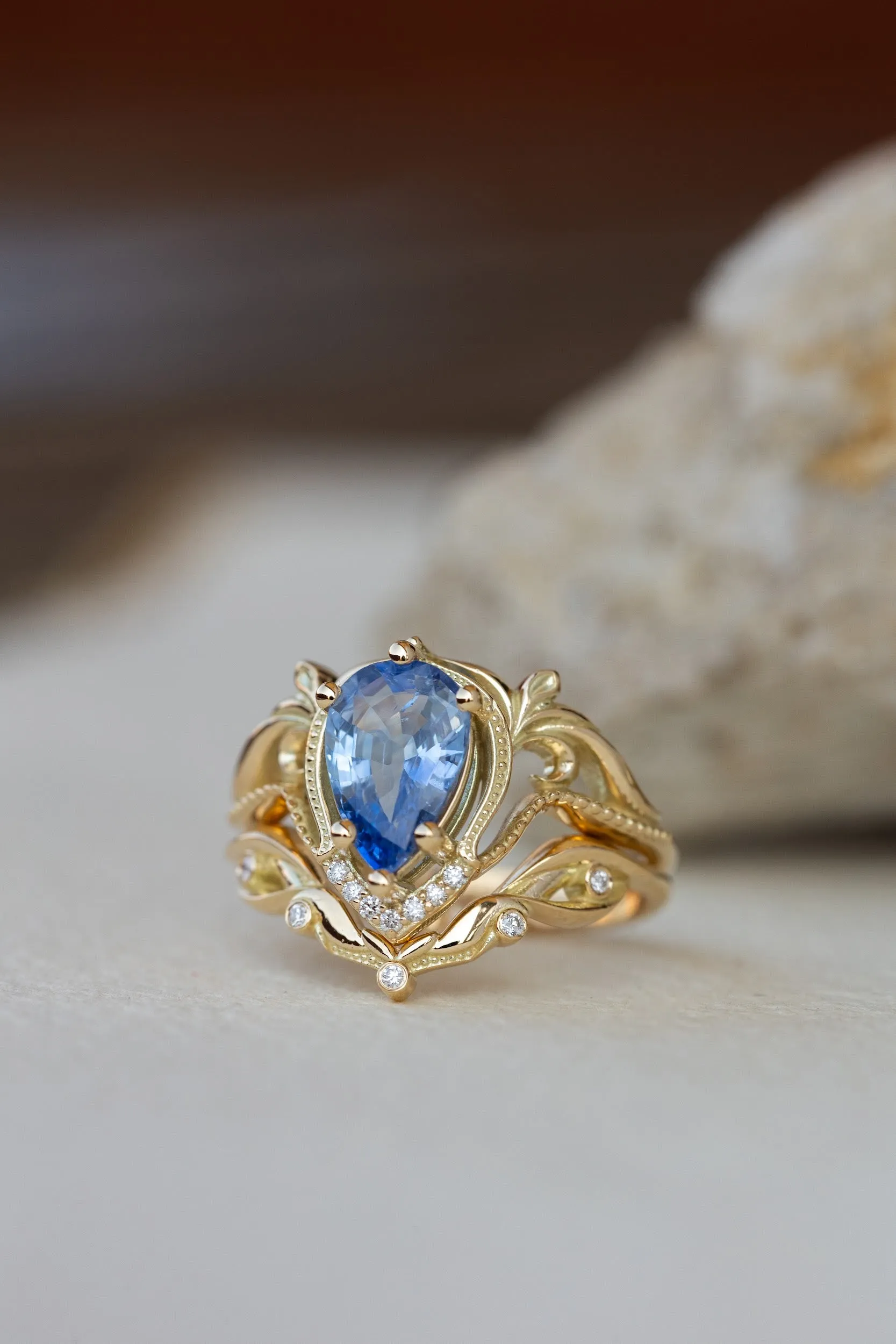 Big pear sapphire engagement ring set, vintage inspired gold stacking rings with accent diamonds / Lida